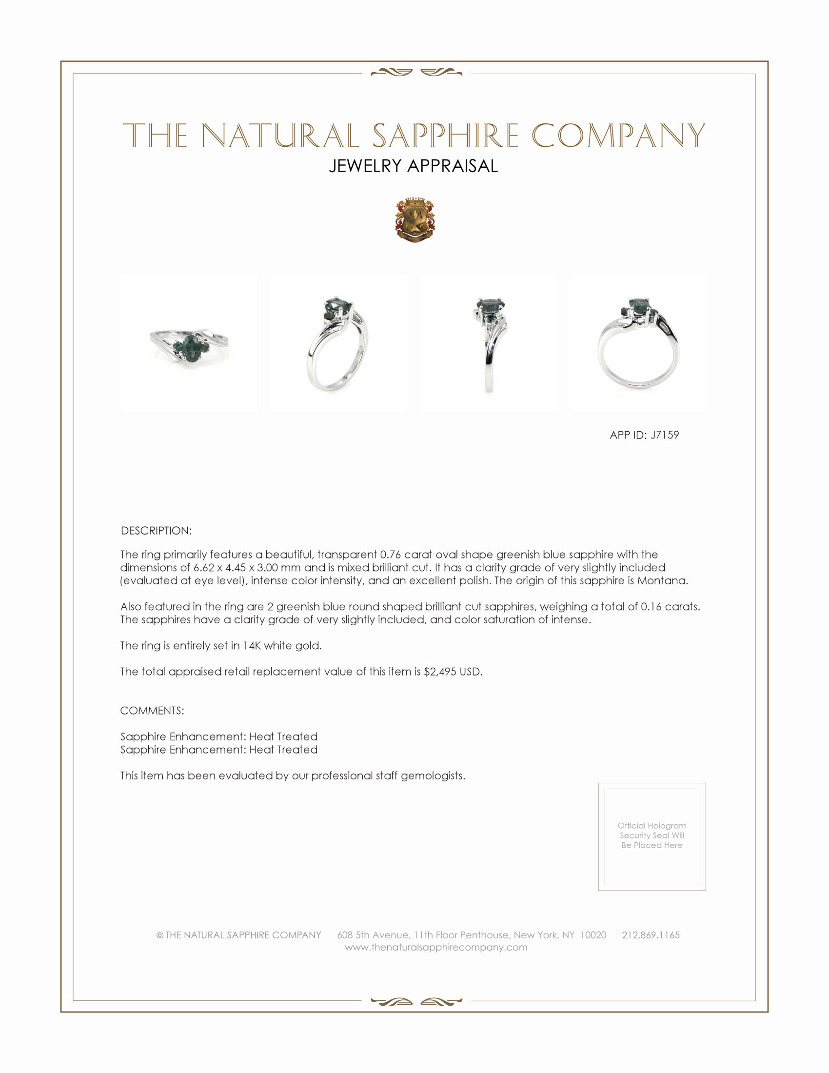 0.76 Ct. Greenish Blue Sapphire Three Stone Ring, 14K White Gold