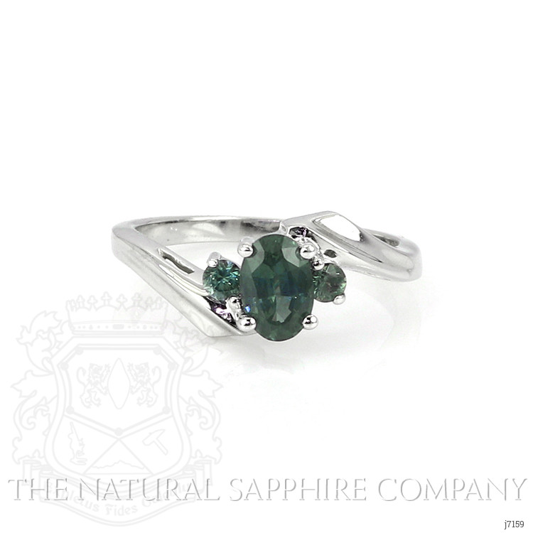 0.76 Ct. Greenish Blue Sapphire Three Stone Ring, 14K White Gold