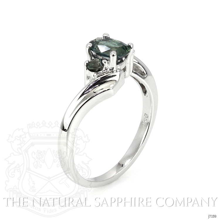 0.76 Ct. Greenish Blue Sapphire Three Stone Ring, 14K White Gold