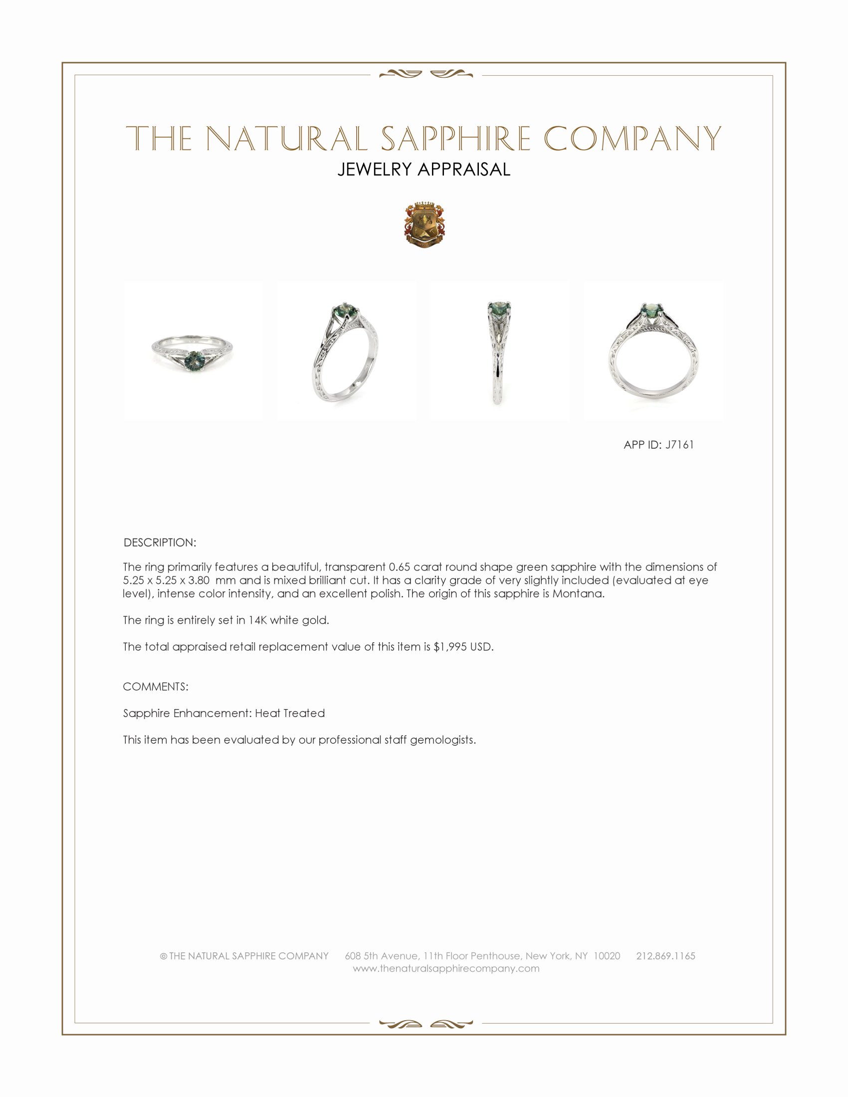 0.65 Ct. Green Sapphire Antique Style Ring, 14K White Gold