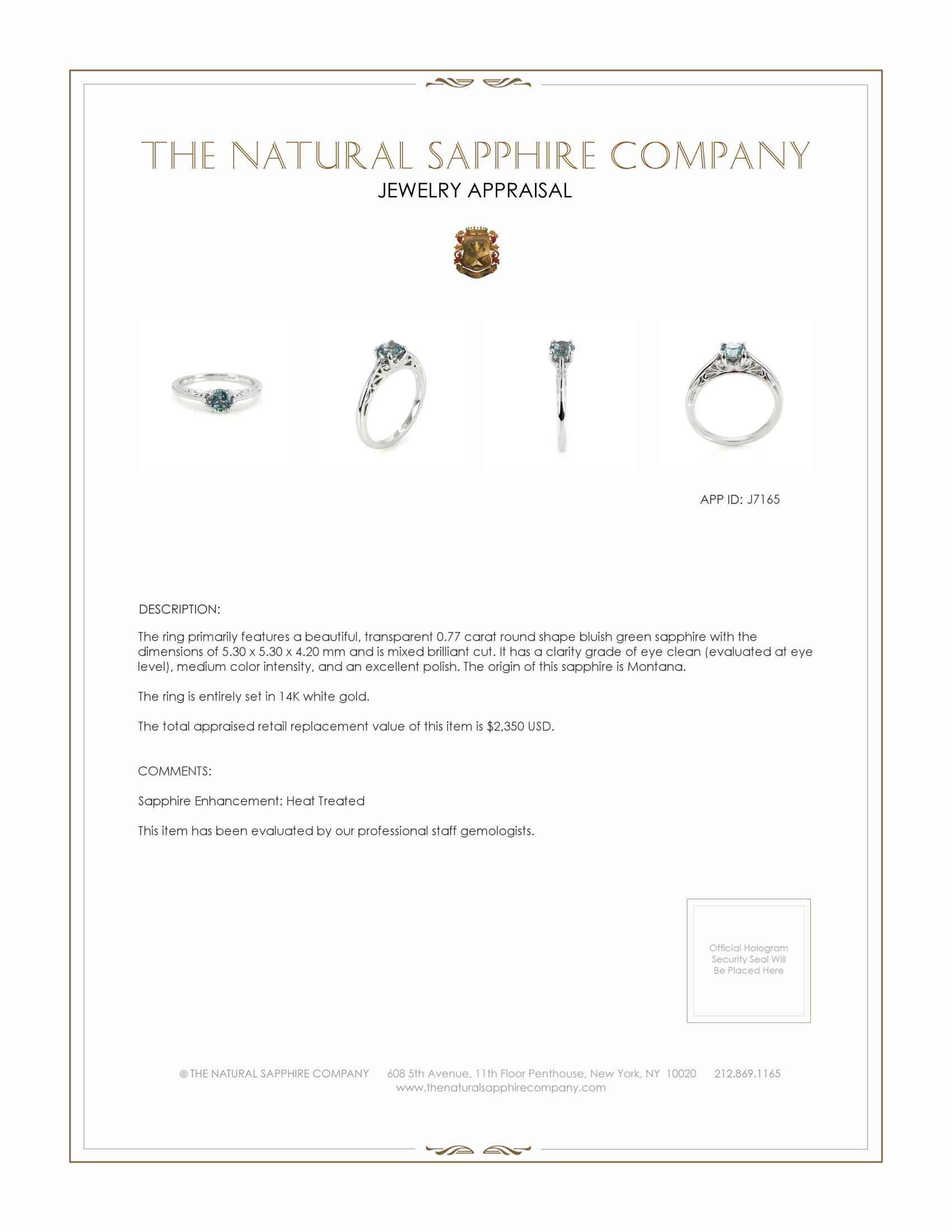 0.77 Ct. Bluish Green Sapphire Antique Style Ring, 14K White Gold