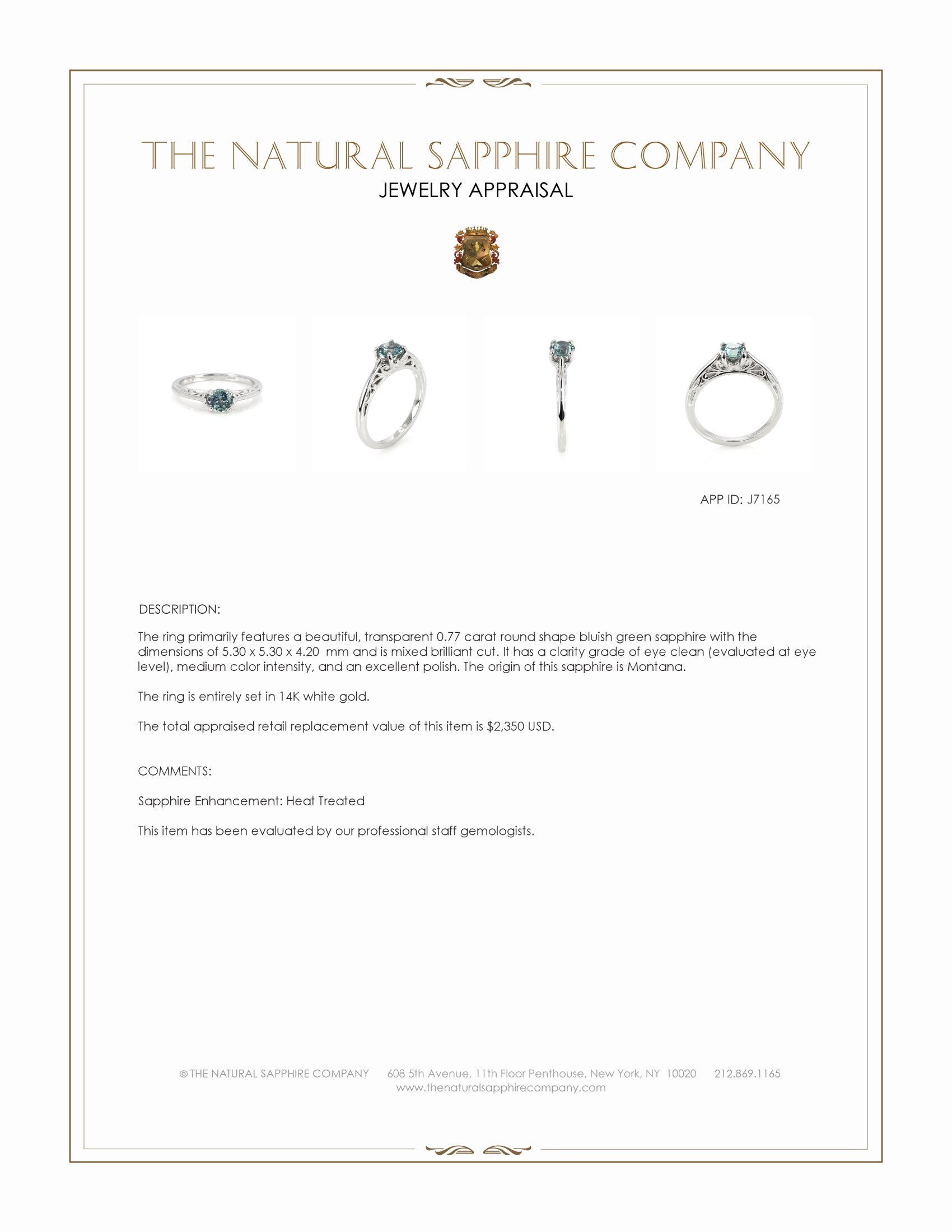 0.77 Ct. Bluish Green Sapphire Antique Style Ring, 14K White Gold