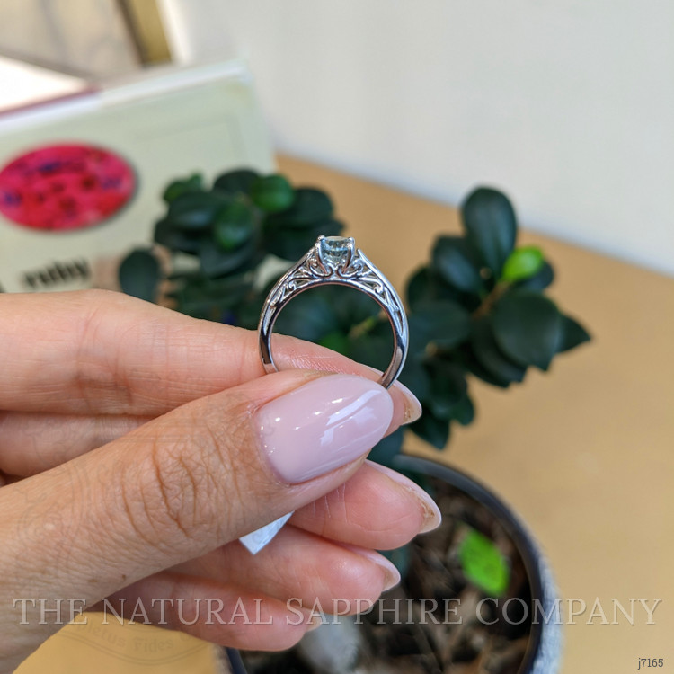 0.77 Ct. Bluish Green Sapphire Antique Style Ring, 14K White Gold