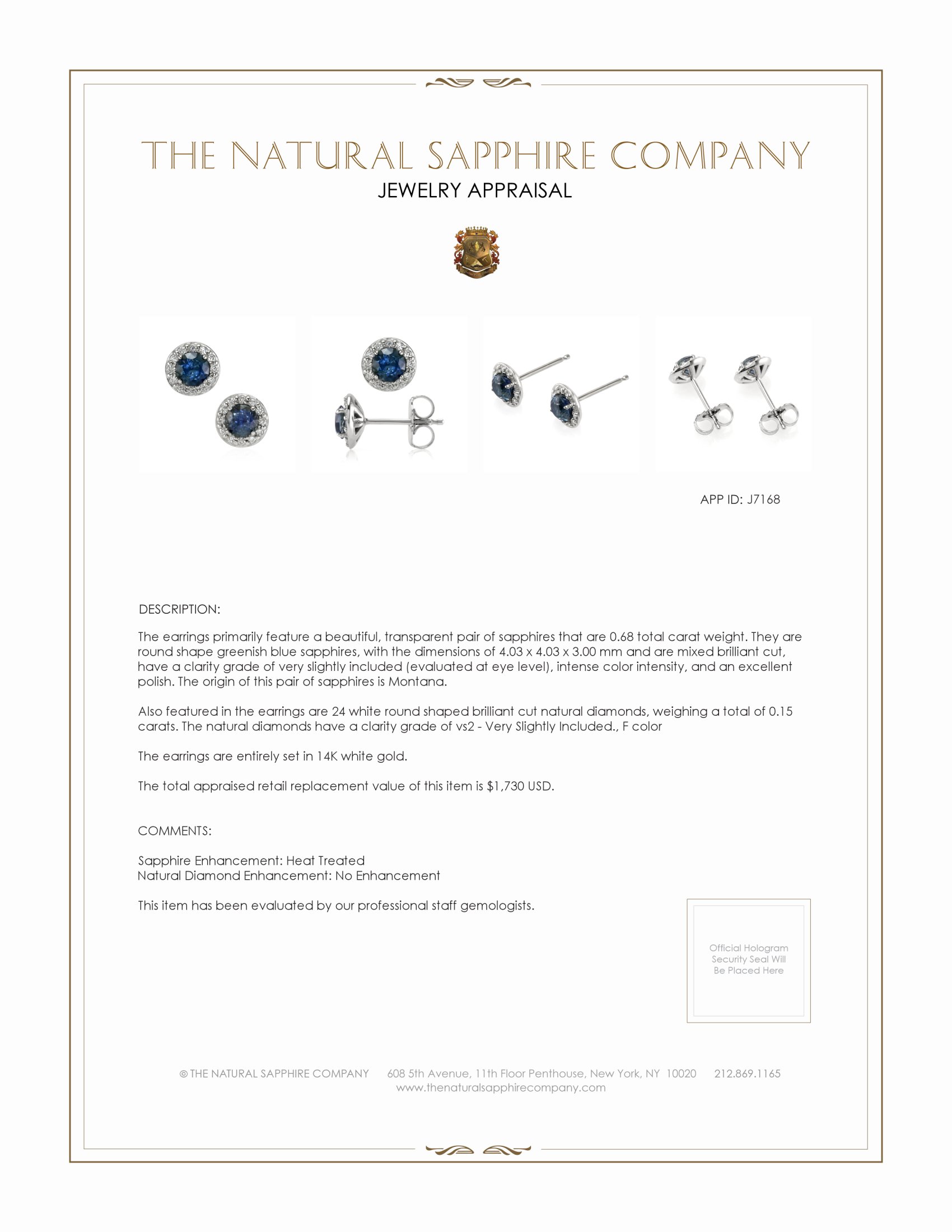 0.68 Ct.Tw. Greenish Blue Sapphire and Natural Diamond Pave Earrings, 14K White Gold