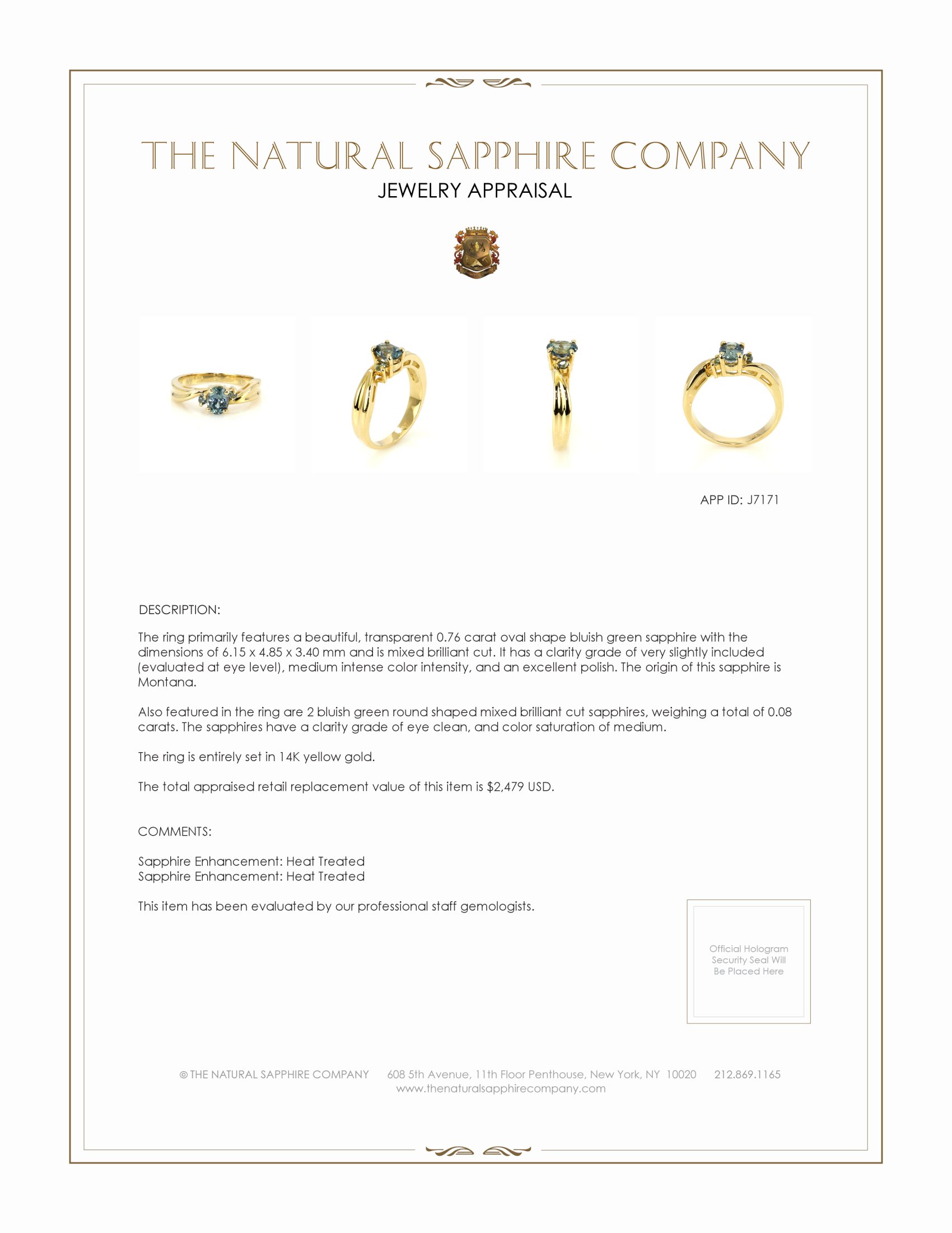 0.76 Ct. Bluish Green Sapphire Three Stone Ring, 14K Yellow Gold