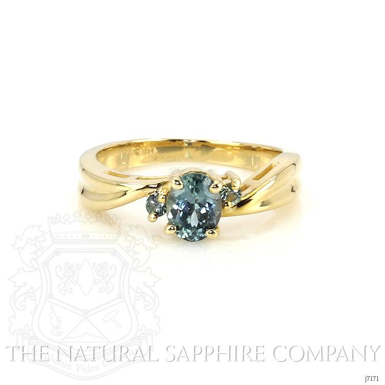 0.76 Ct. Bluish Green Sapphire Three Stone Ring, 14K Yellow Gold