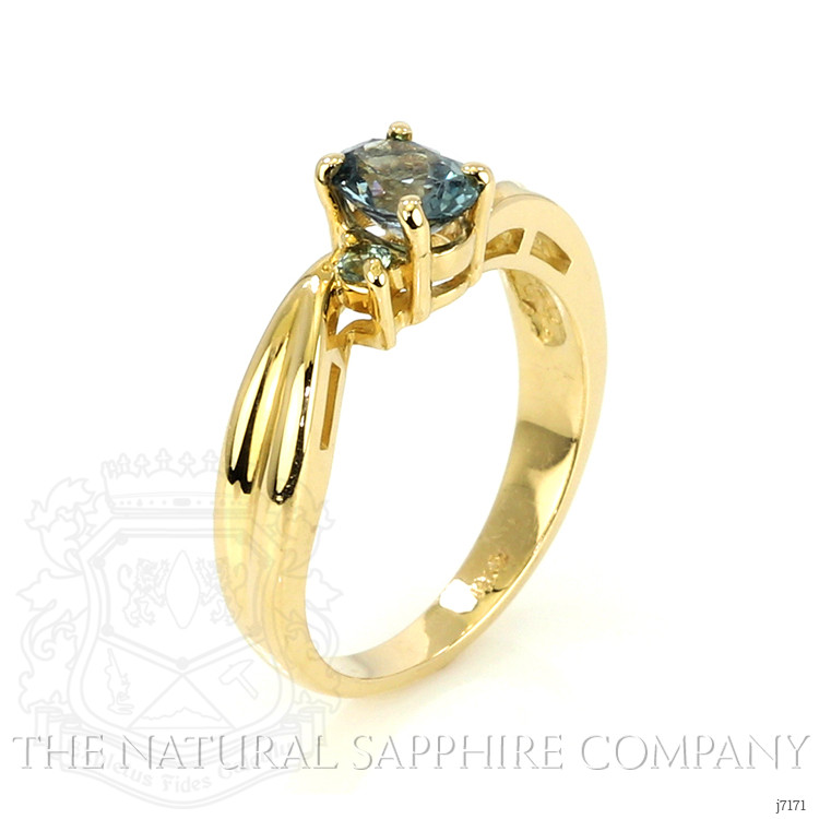 0.76 Ct. Bluish Green Sapphire Three Stone Ring, 14K Yellow Gold