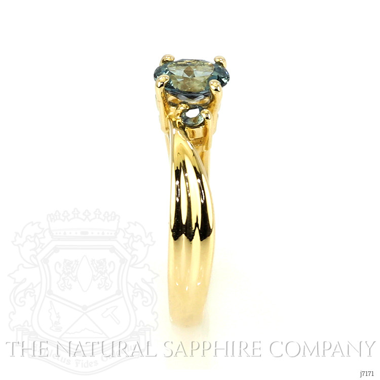 0.76 Ct. Bluish Green Sapphire Three Stone Ring, 14K Yellow Gold