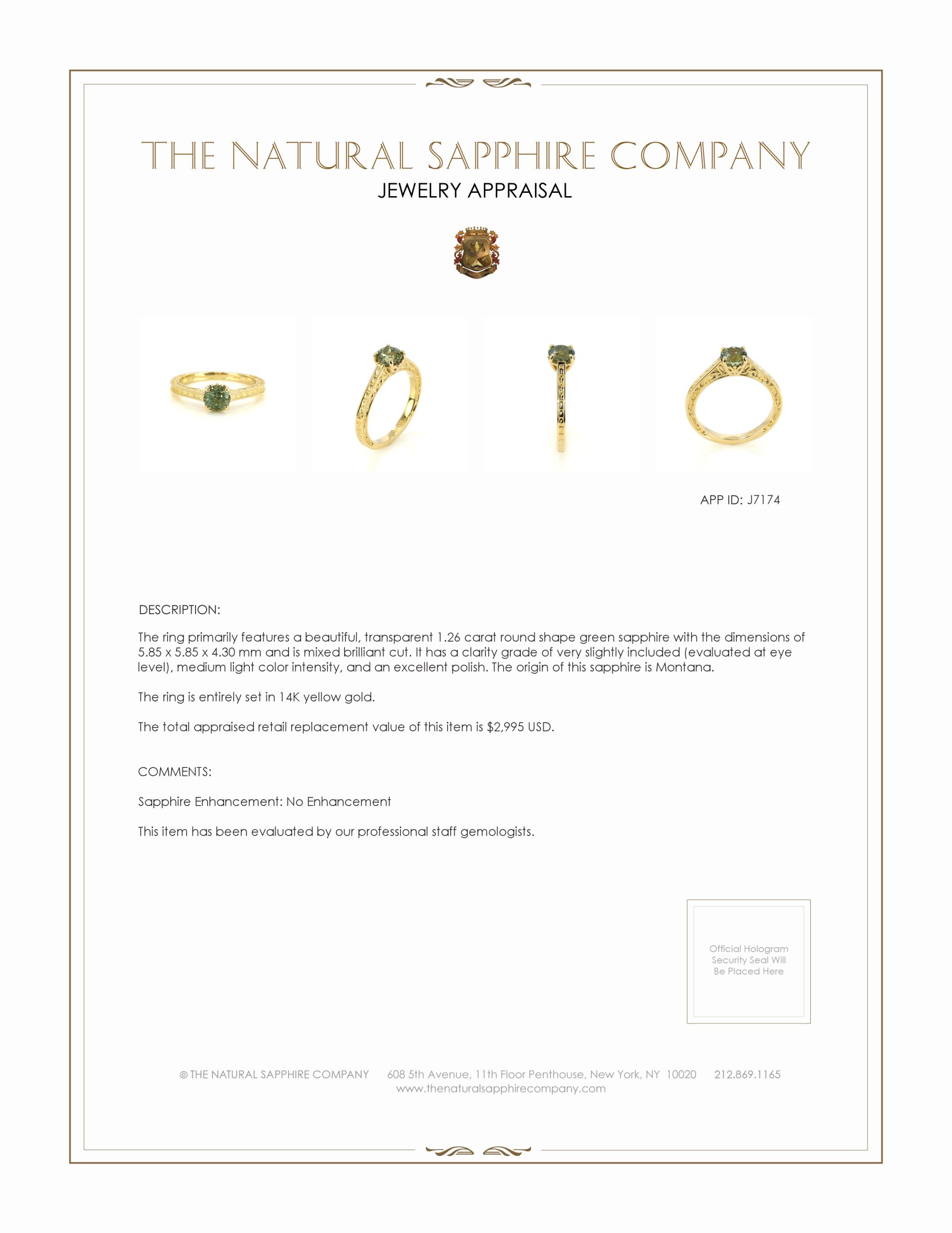 1.26 Ct. Green Sapphire Antique Style Ring, 14K Yellow Gold