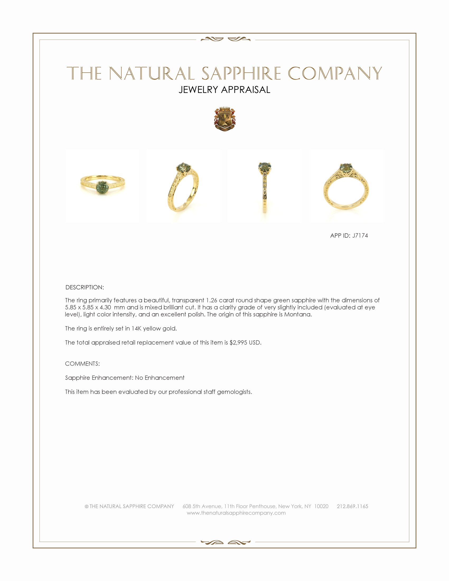 1.26 Ct. Green Sapphire Antique Style Ring, 14K Yellow Gold