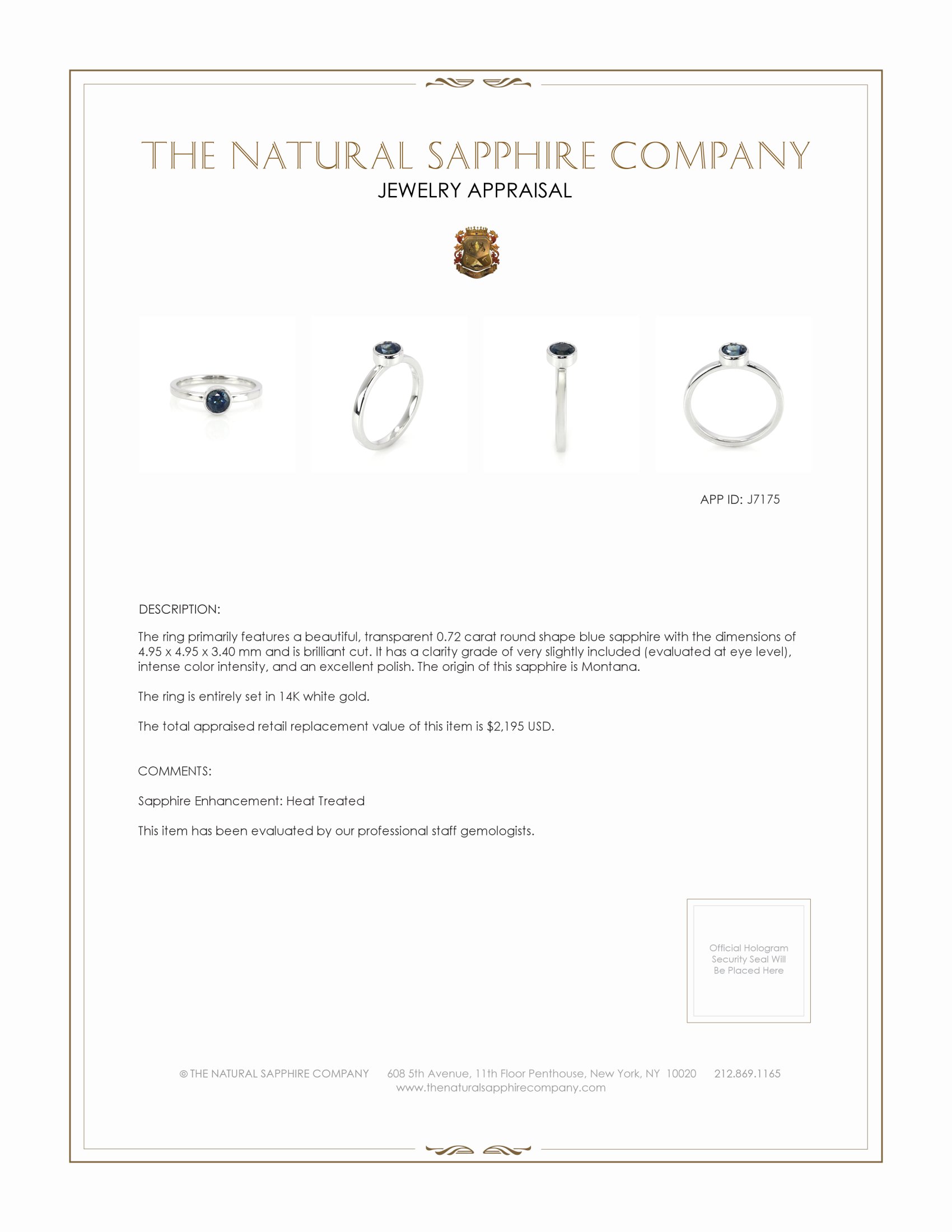 0.72 Ct. Blue Sapphire Bezel Ring, 14K White Gold