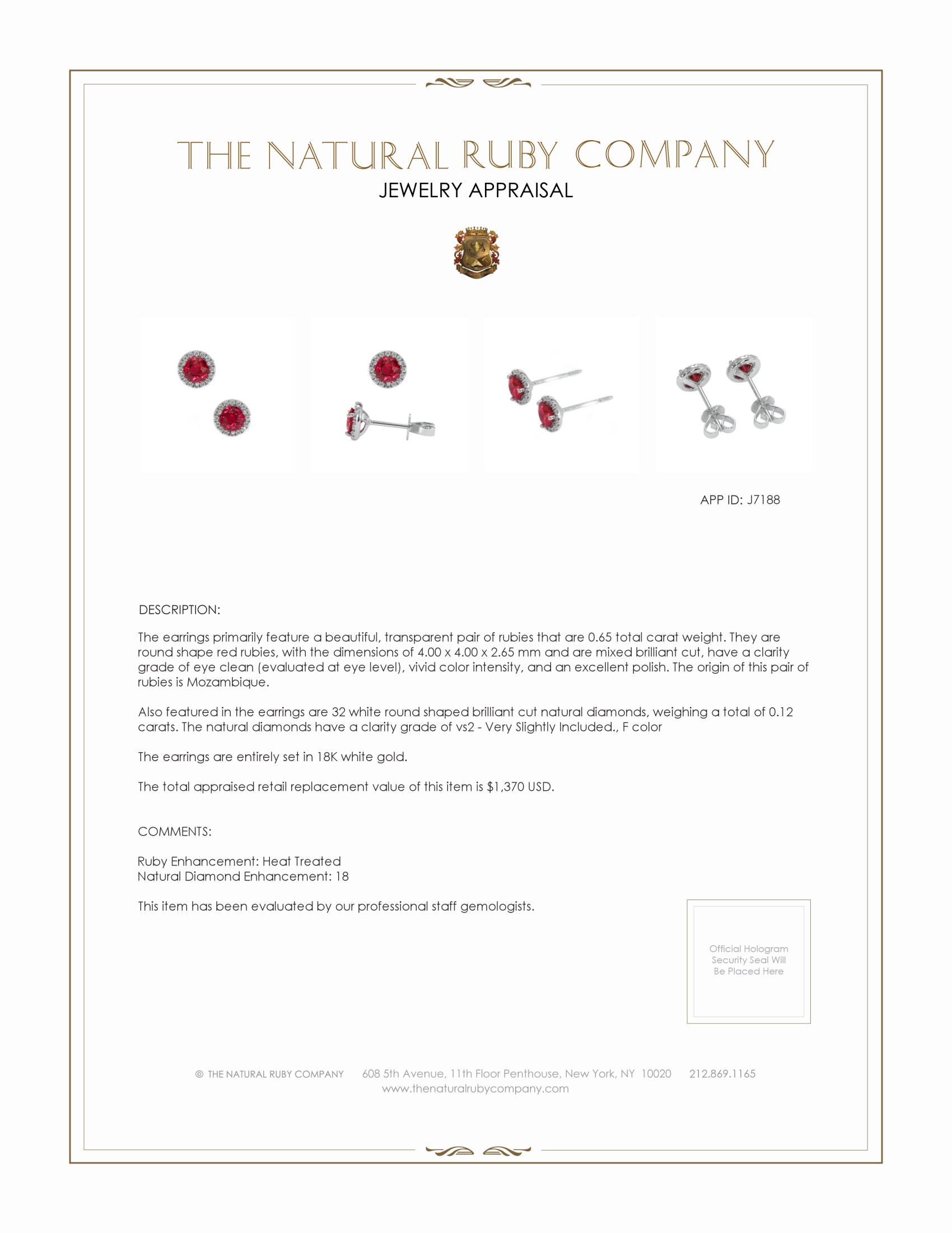 0.65 Ct.Tw. Ruby Natural Diamond Pave Earrings, 18K White Gold