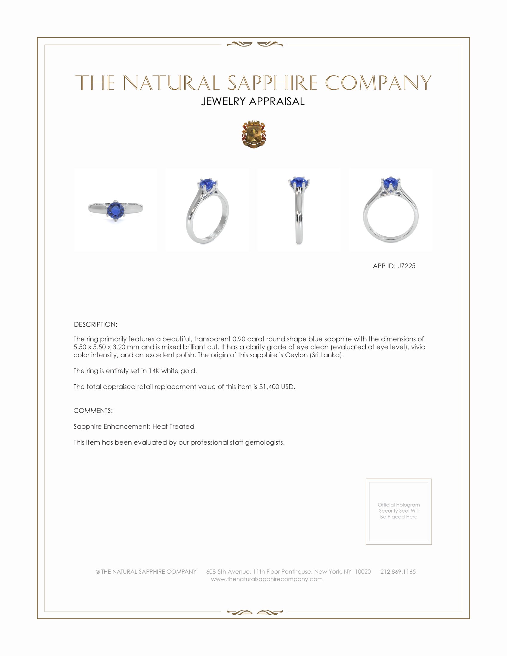 0.90 Ct. Blue Sapphire Solitaire Ring, 14K White Gold