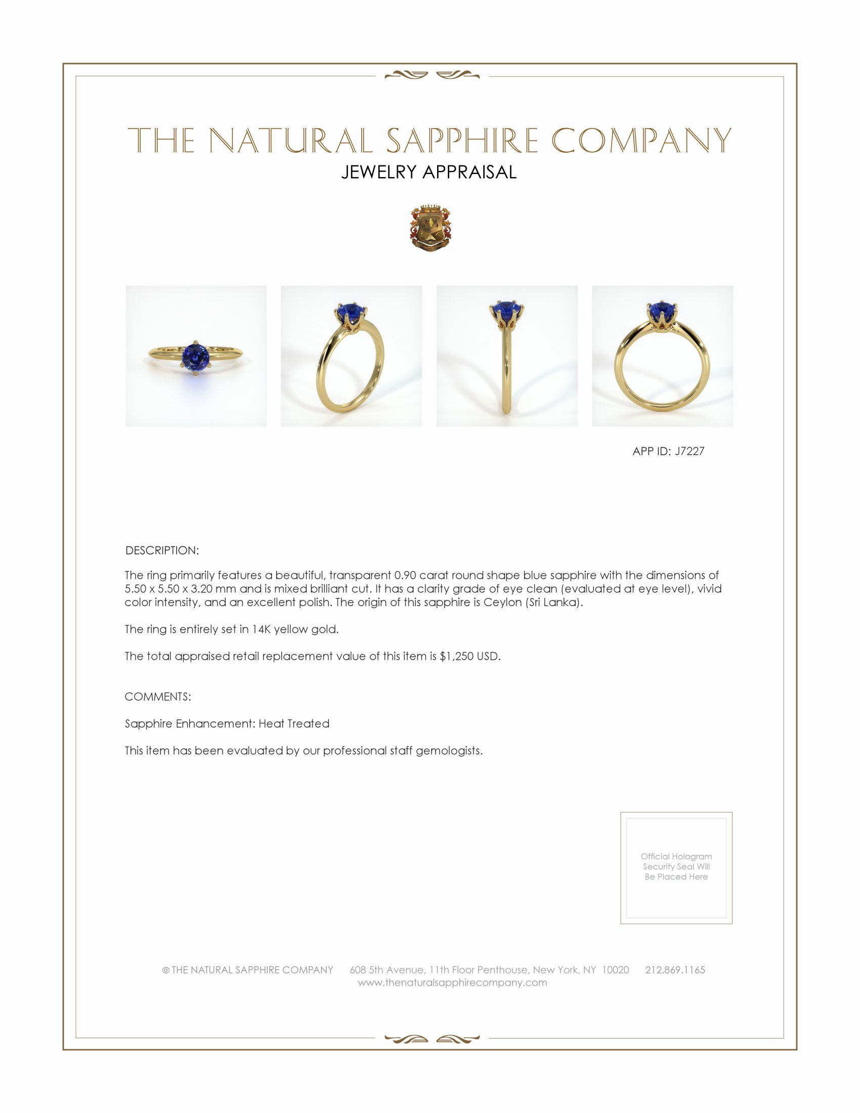 0.90 Ct. Blue Sapphire Solitaire Ring, 14K Yellow Gold