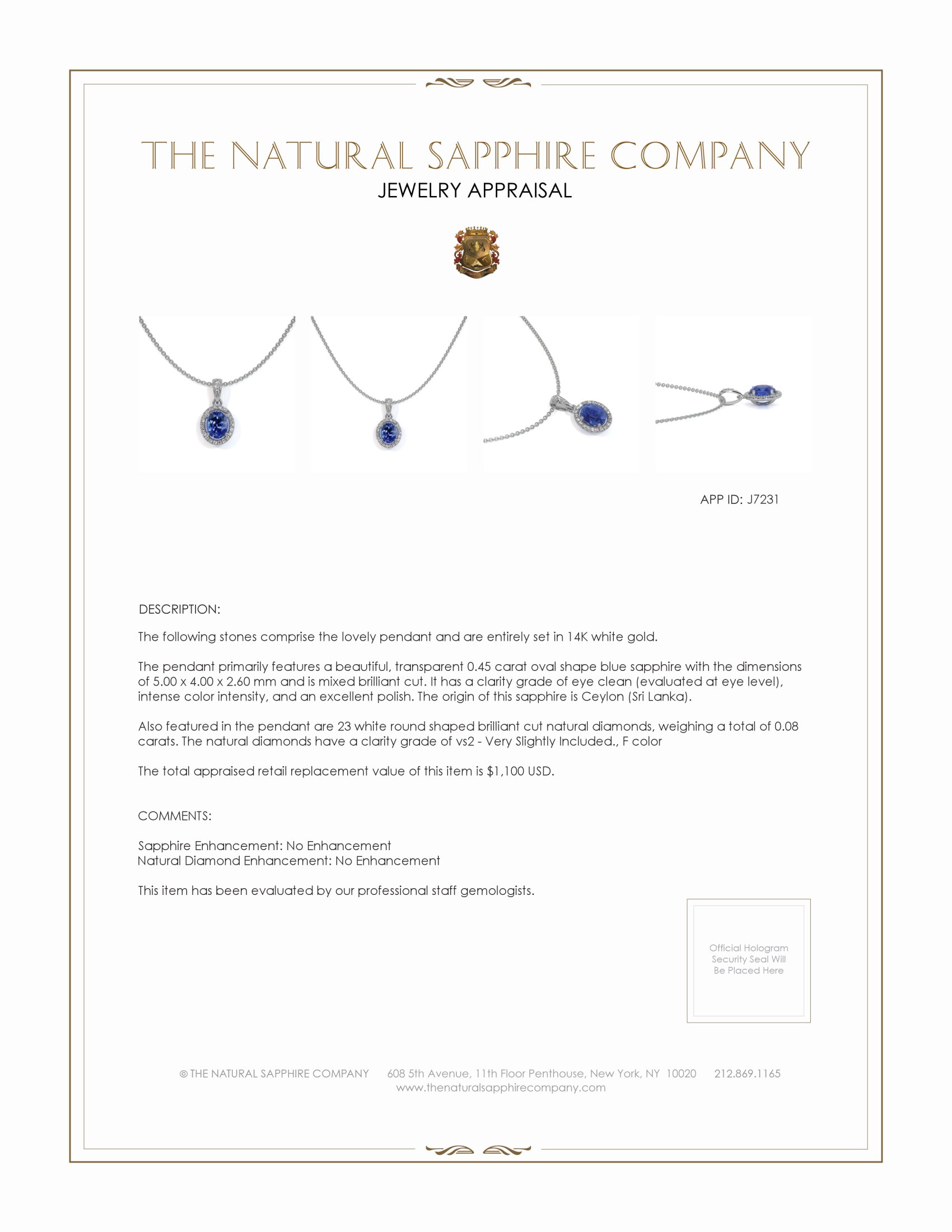 0.45 Ct. Blue Sapphire and Natural Diamond Pave Pendant, 14K White Gold