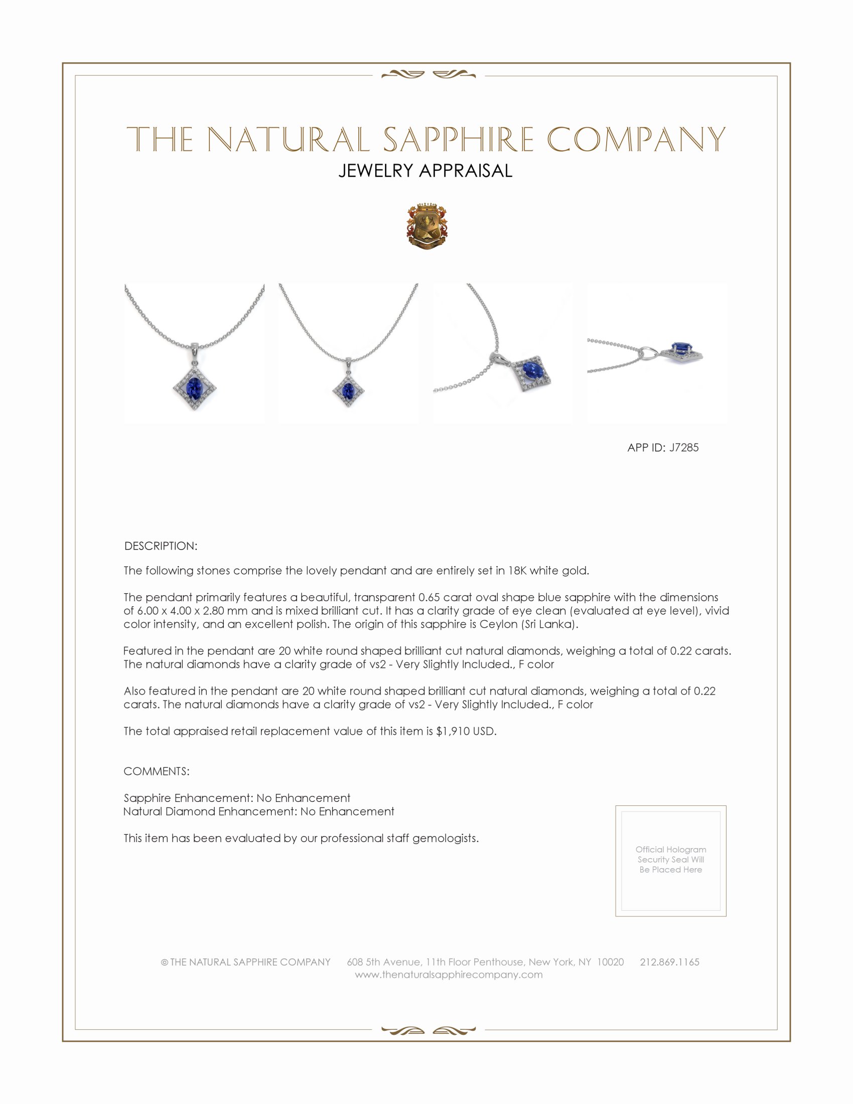 0.65 Ct. Blue Sapphire and Natural Diamond Pave Pendant, 18K White Gold