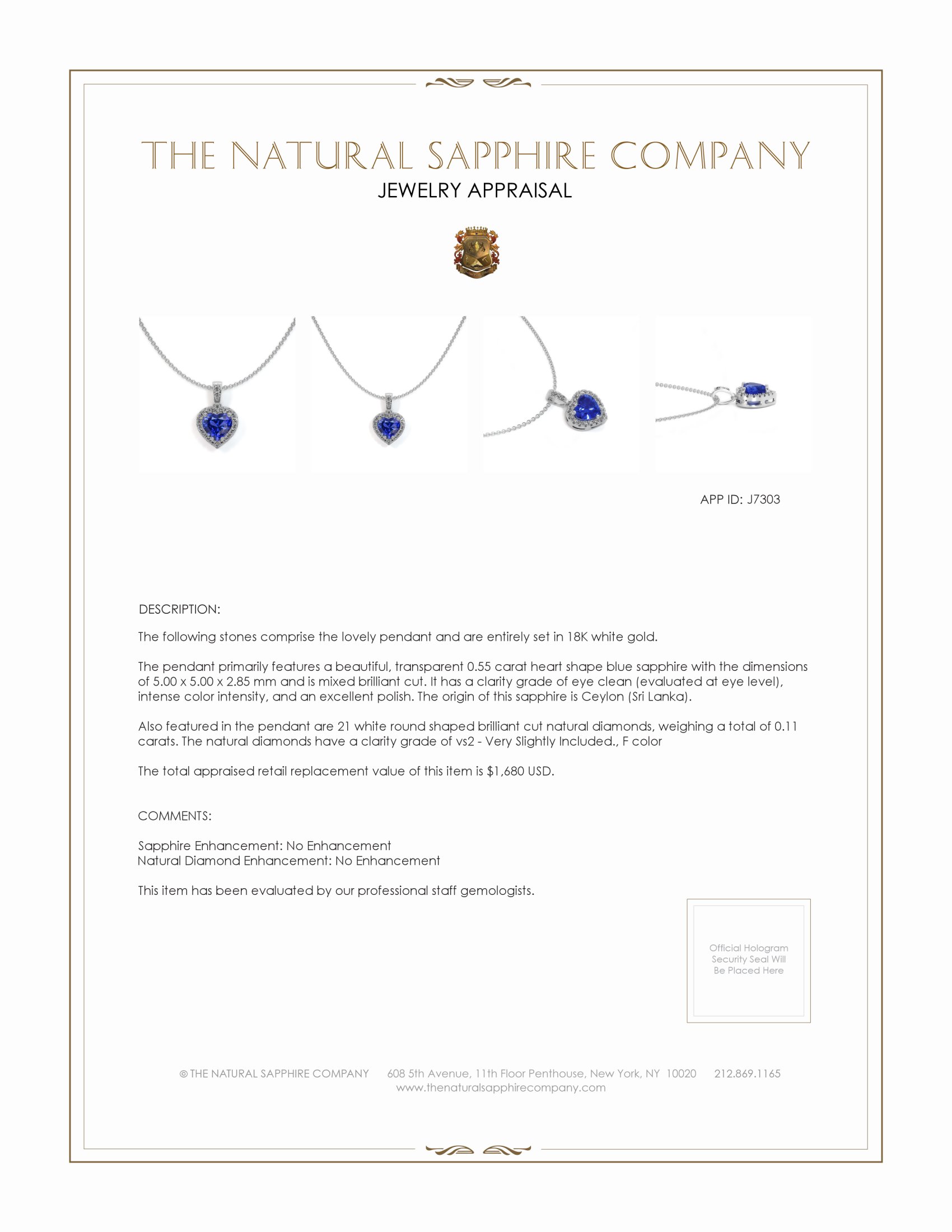 0.55 Ct. Blue Sapphire and Natural Diamond Pave Pendant, 18K White Gold