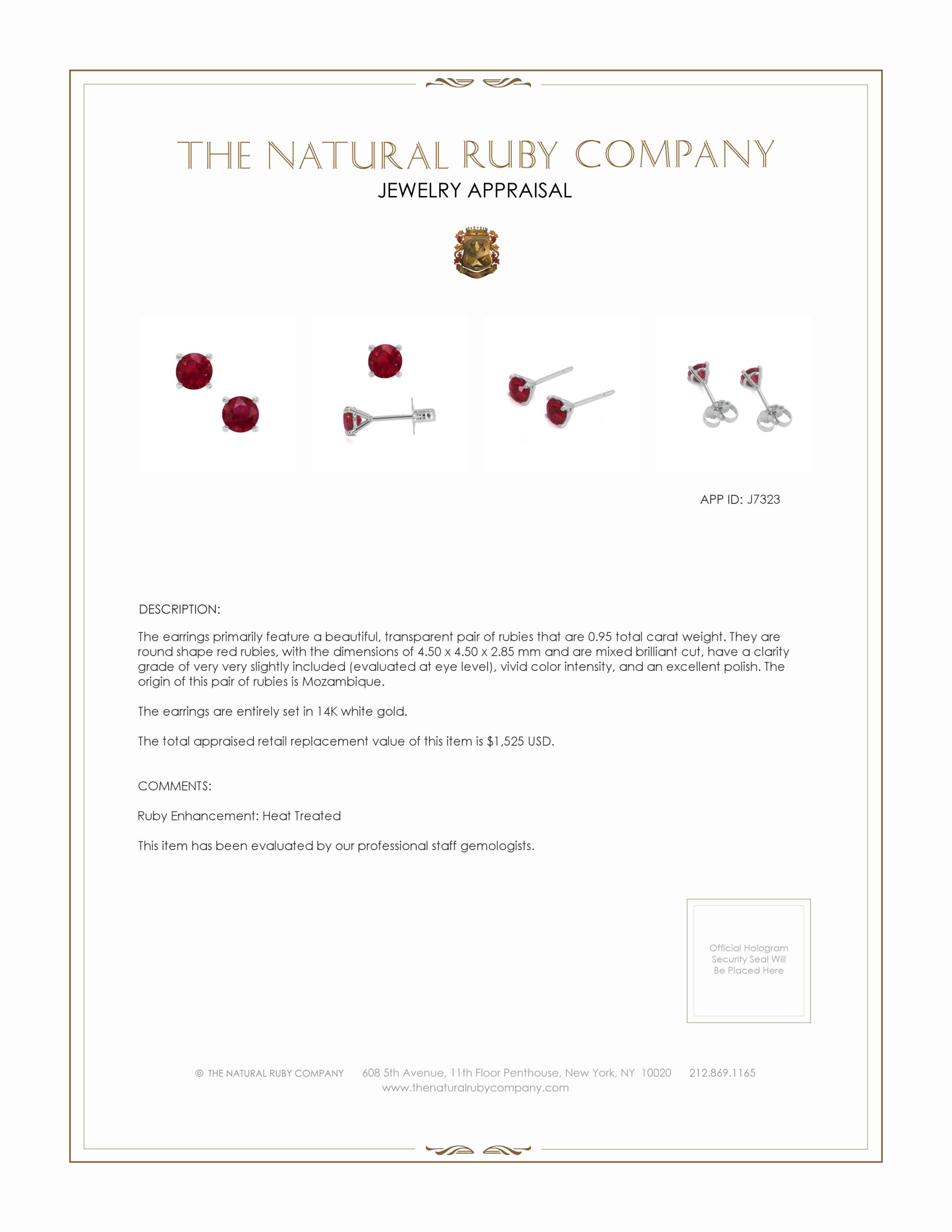 0.95 Ct.Tw. Ruby Studs Earrings, 14K White Gold