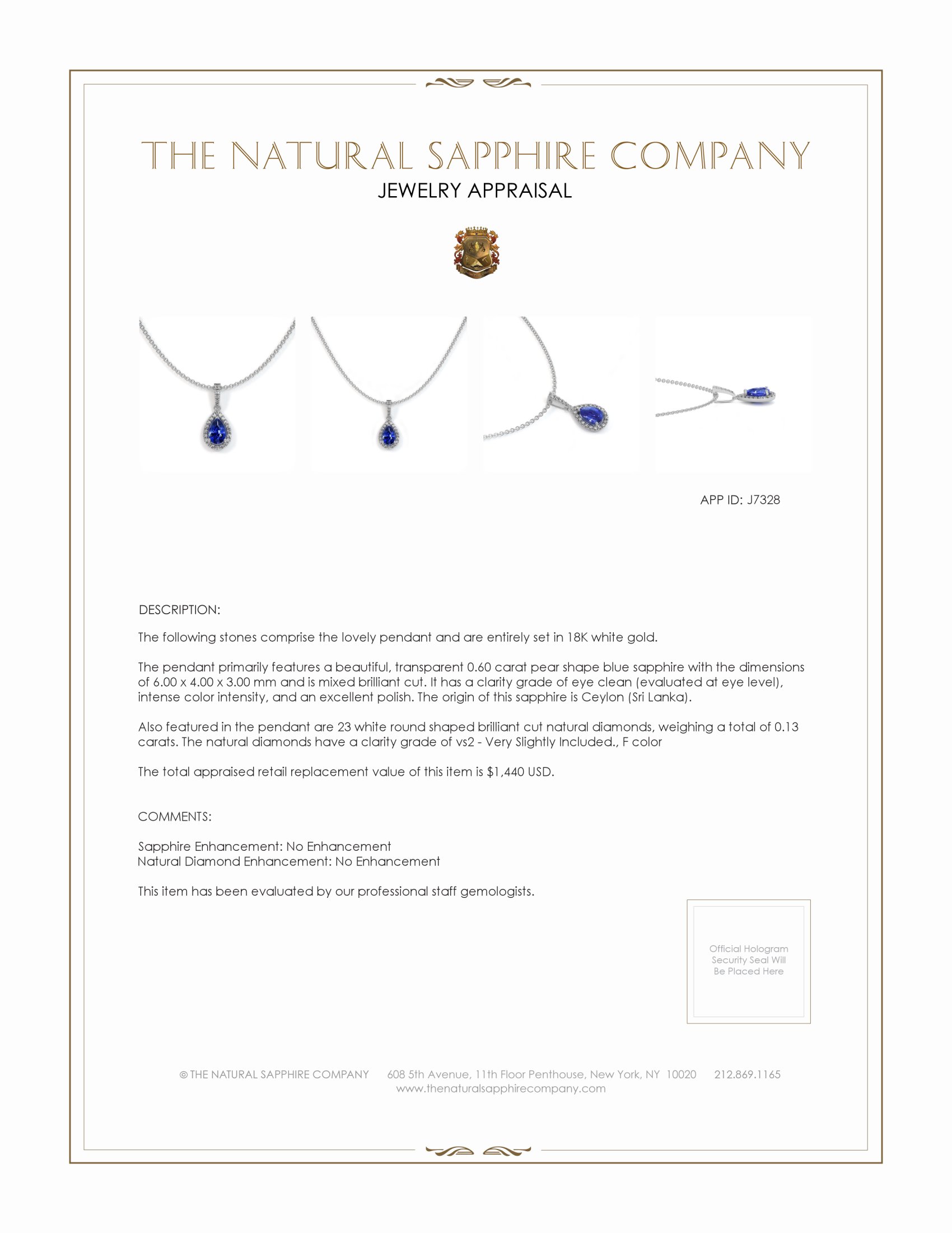 0.60 Ct. Blue Sapphire and Natural Diamond Pave Pendant, 18K White Gold