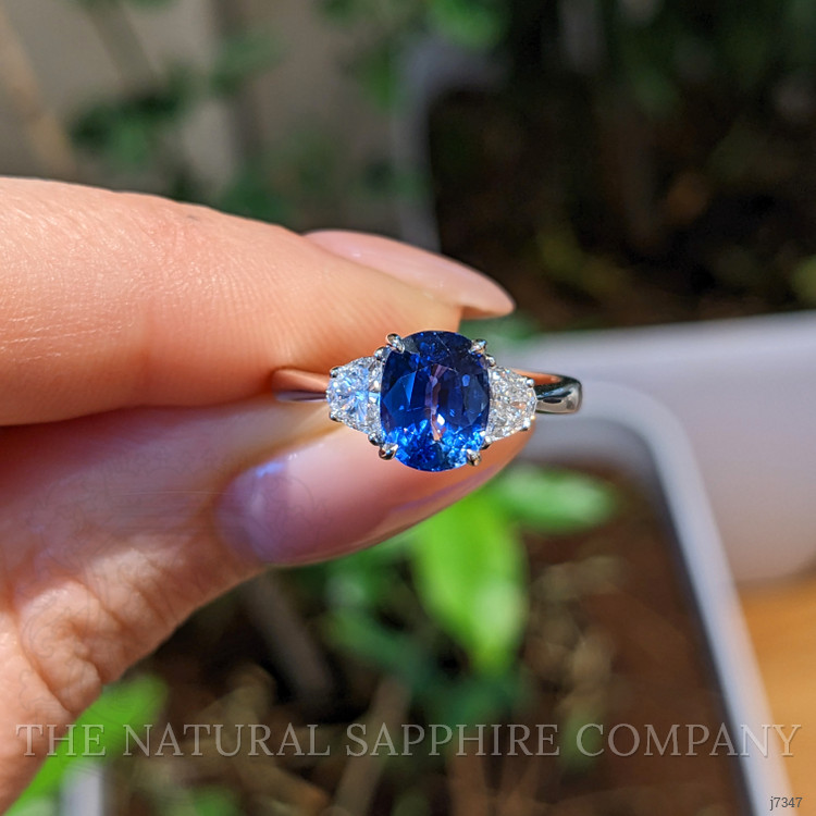 2.38 Ct. Blue Sapphire and Natural Diamond Three Stone Ring, 18K White Gold