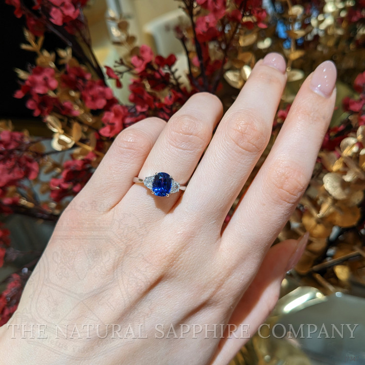2.38 Ct. Blue Sapphire and Natural Diamond Three Stone Ring, 18K White Gold