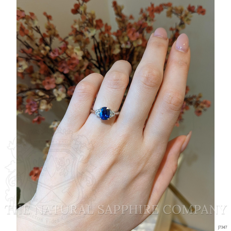 2.38 Ct. Blue Sapphire and Natural Diamond Three Stone Ring, 18K White Gold