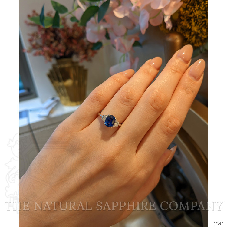 2.38 Ct. Blue Sapphire and Natural Diamond Three Stone Ring, 18K White Gold