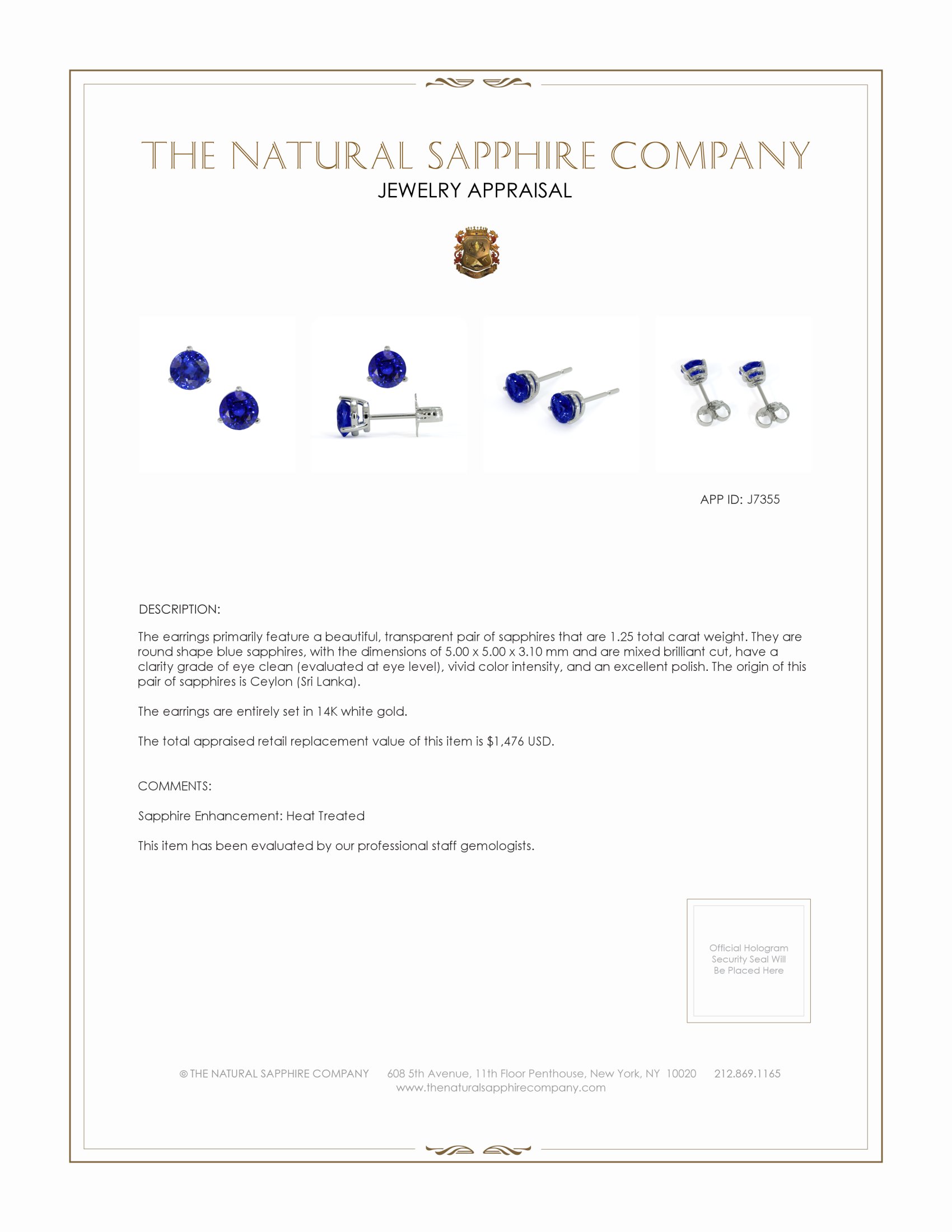 1.25 Ct.Tw. Blue Sapphire Studs Earrings, 14K White Gold