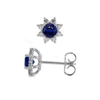 1.00 Ct.Tw. Blue Sapphire and Natural Diamond Halo Earrings, 14K White Gold Image