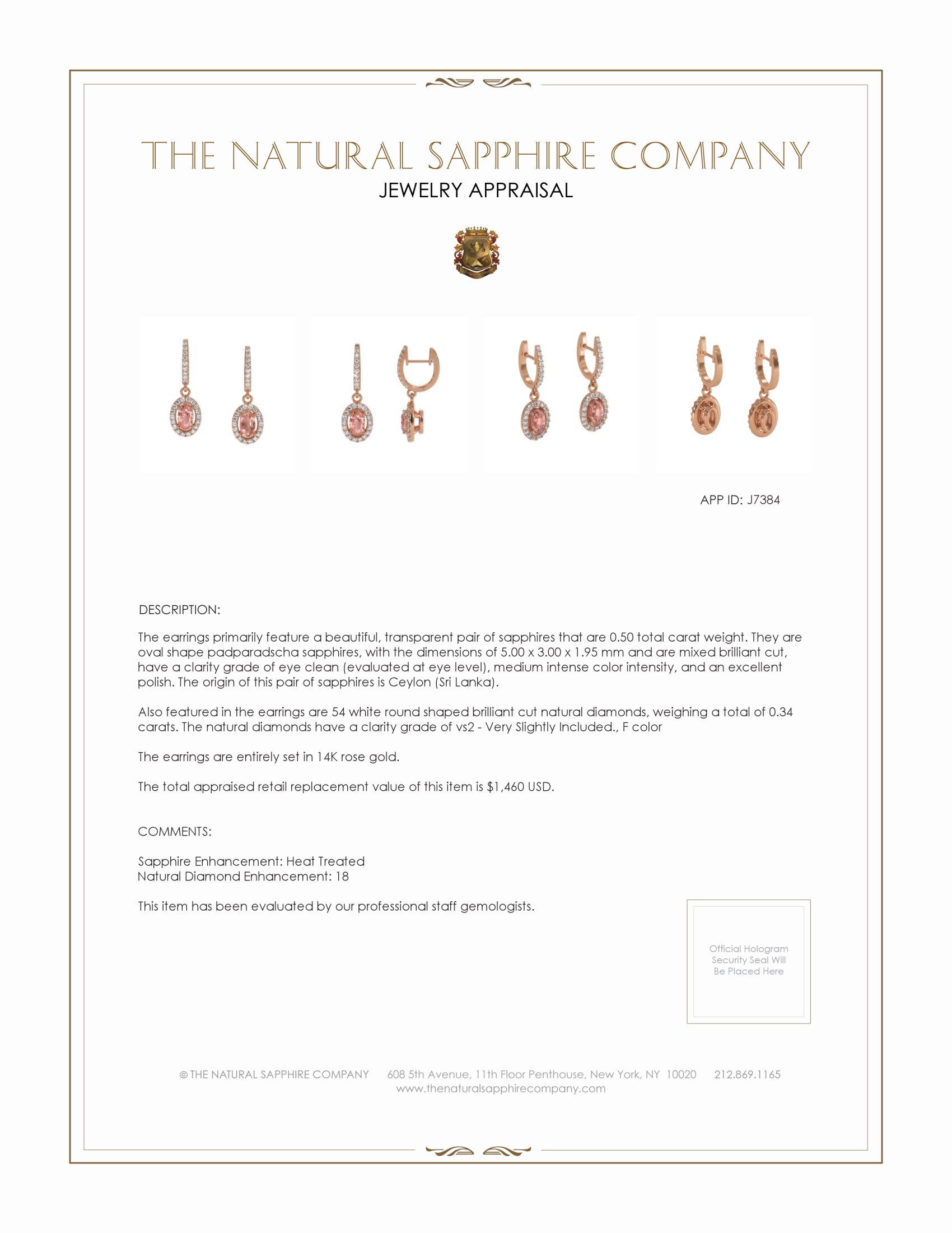 0.50 Ct.Tw. Padparadscha Sapphire and Natural Diamond Pave Earrings, 14K Rose Gold