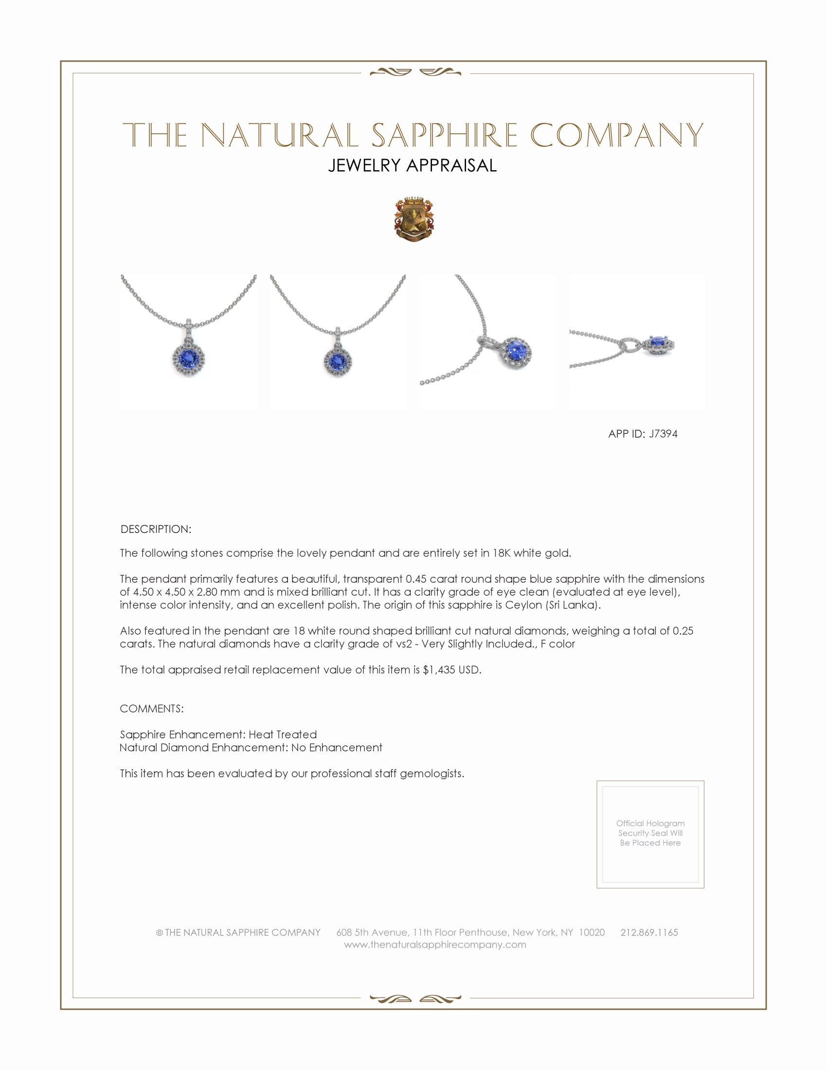 0.45 Ct. Blue Sapphire and Natural Diamond Pave Pendant, 18K White Gold