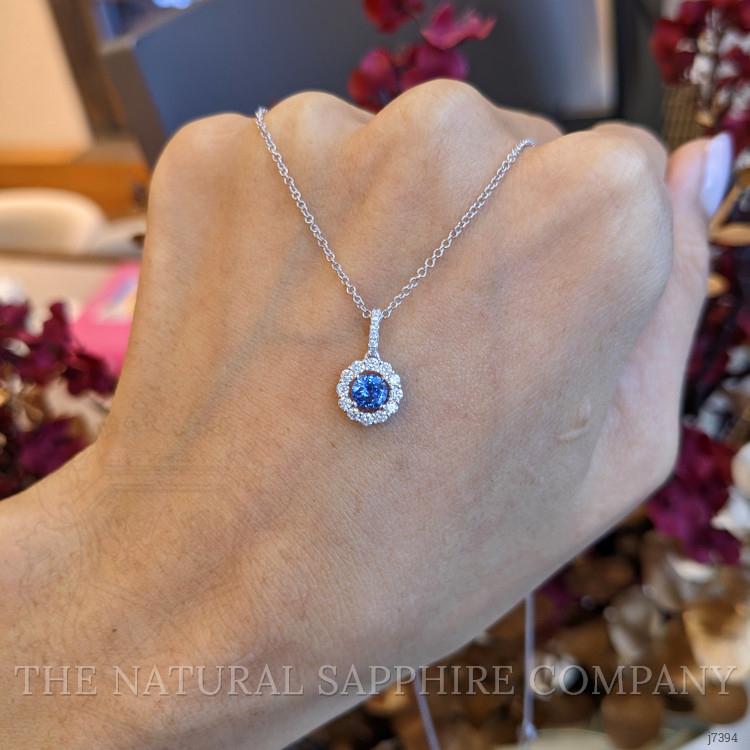 0.45 Ct. Blue Sapphire and Natural Diamond Pave Pendant, 18K White Gold