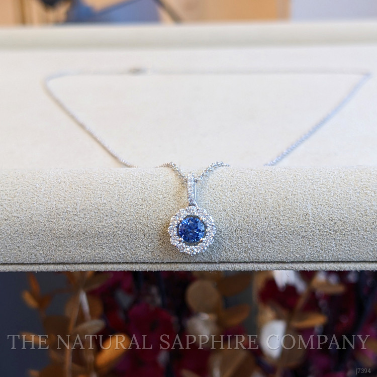 0.45 Ct. Blue Sapphire and Natural Diamond Pave Pendant, 18K White Gold