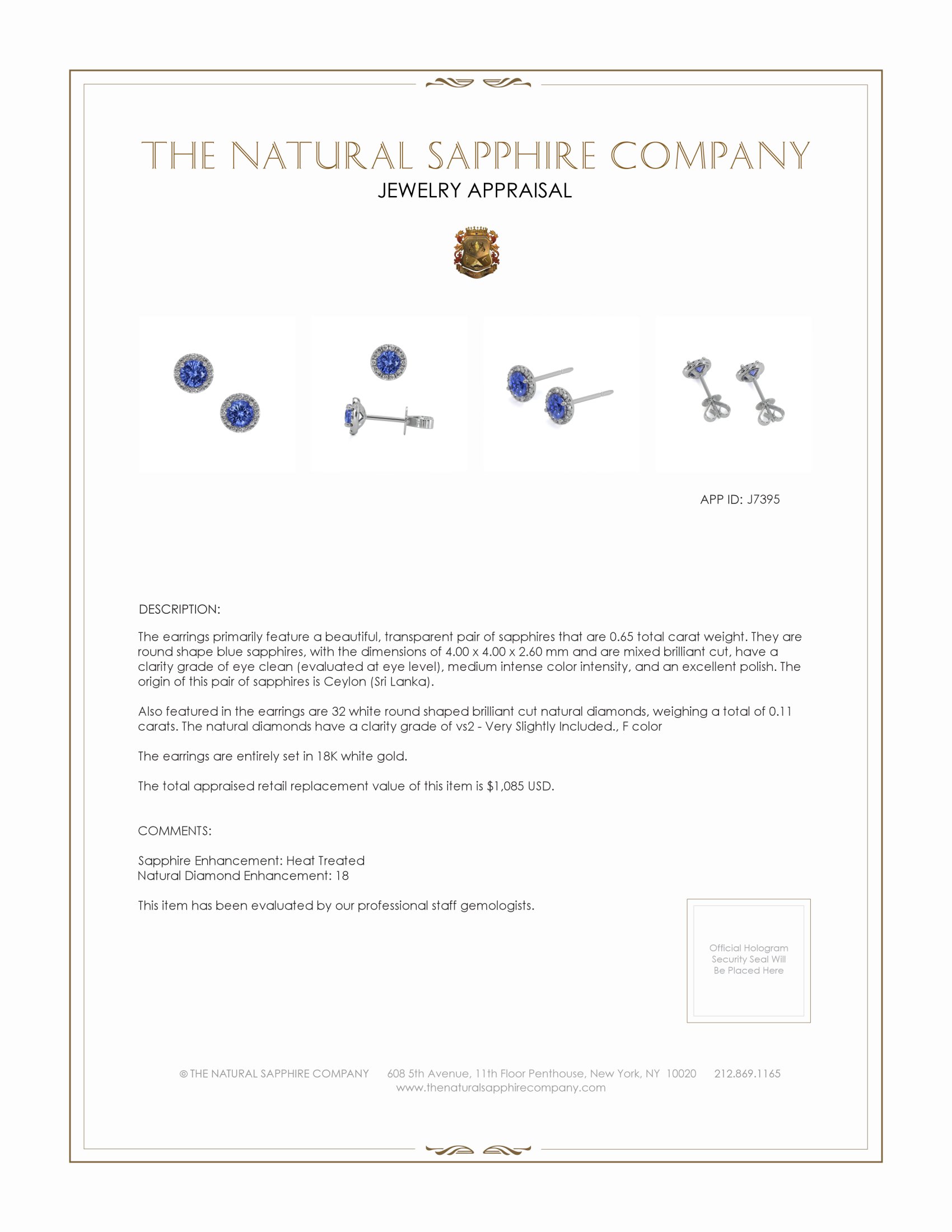 0.65 Ct.Tw. Blue Sapphire and Natural Diamond Pave Earrings, 18K White Gold