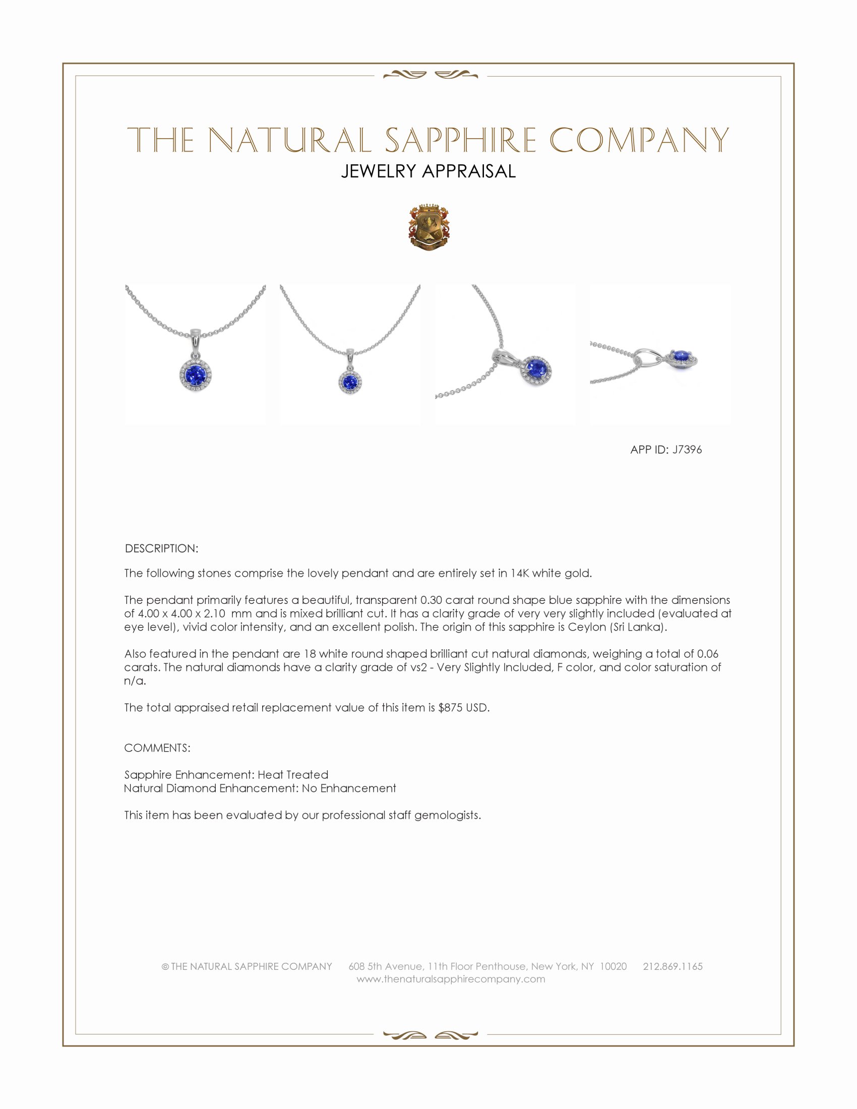 0.30 Ct. Blue Sapphire and Natural Diamond Pave Pendant, 14K White Gold