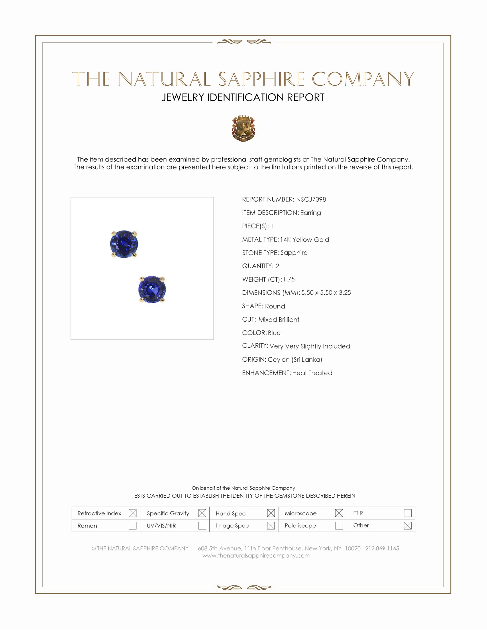 1.75 Ct.Tw. Blue Sapphire Studs Earrings, 14K Yellow Gold