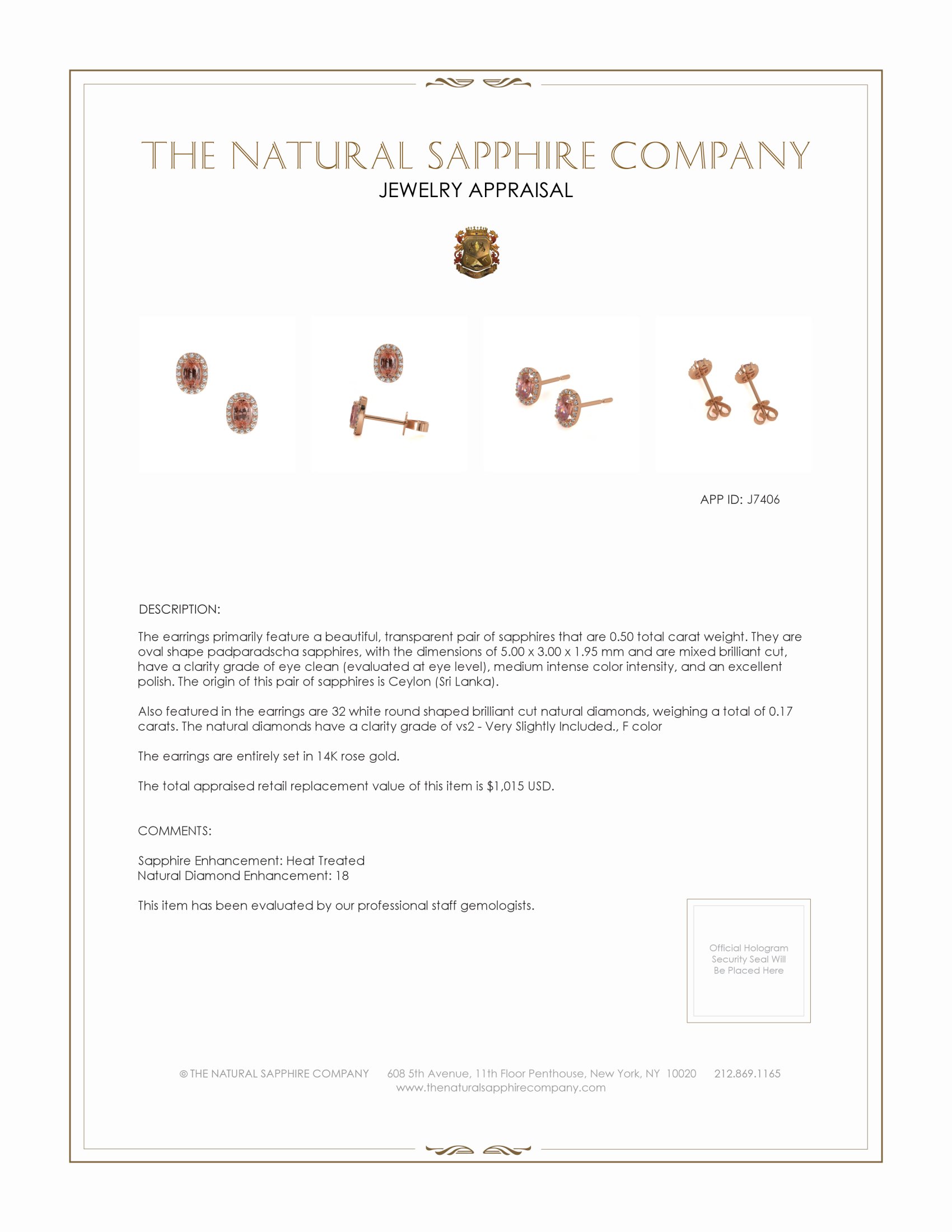 0.50 Ct.Tw. Padparadscha Sapphire and Natural Diamond Pave Earrings, 14K Rose Gold