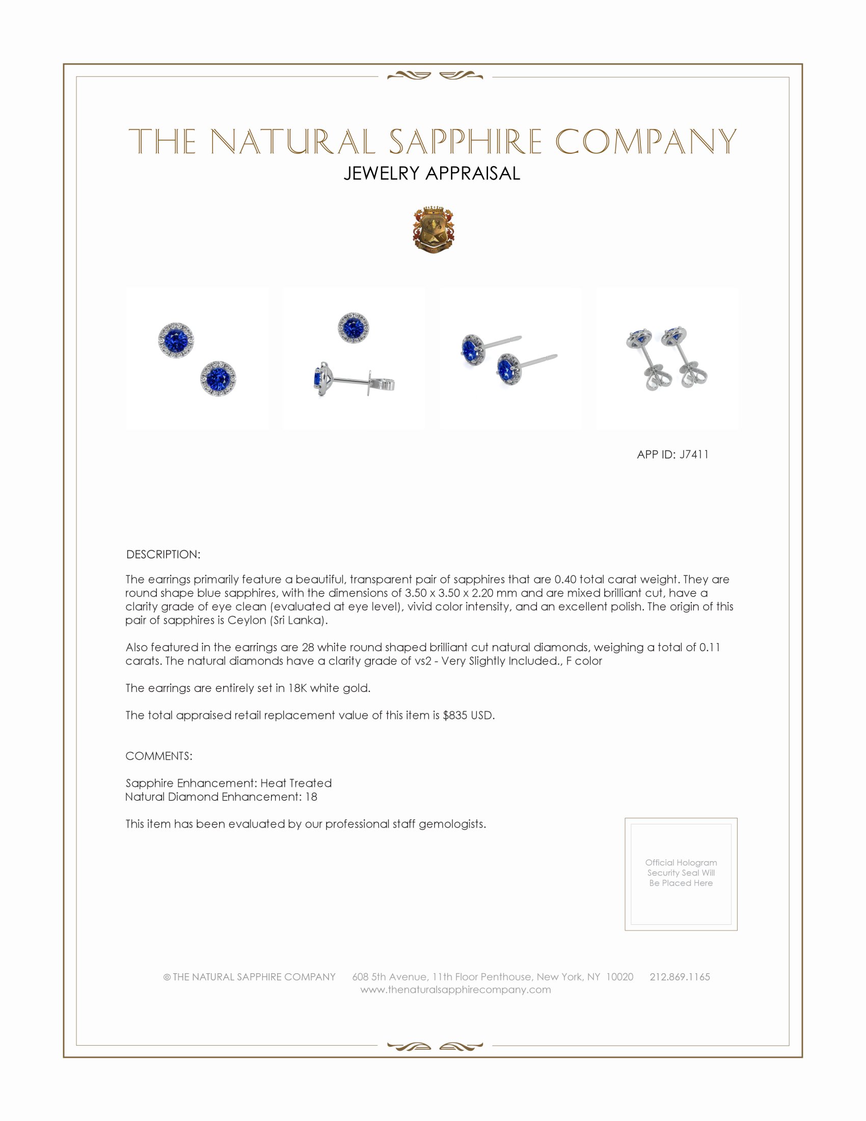 0.40 Ct.Tw. Blue Sapphire and Natural Diamond Pave Earrings, 18K White Gold