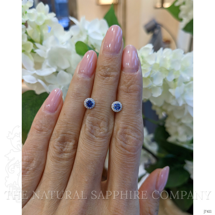 0.40 Ct.Tw. Blue Sapphire and Natural Diamond Pave Earrings, 18K White Gold