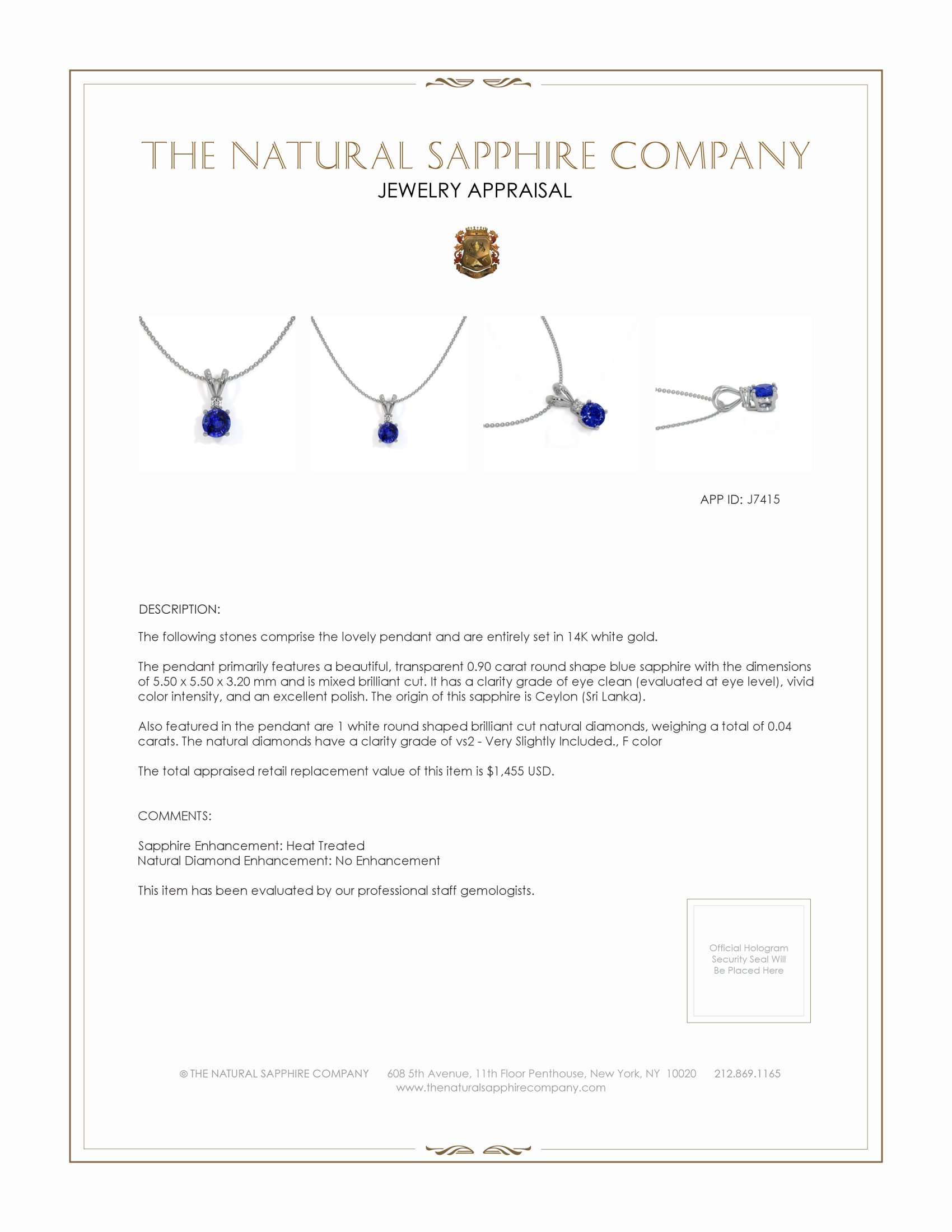 0.90 Ct. Blue Sapphire and Natural Diamond Solitaire Pendant, 14K White Gold