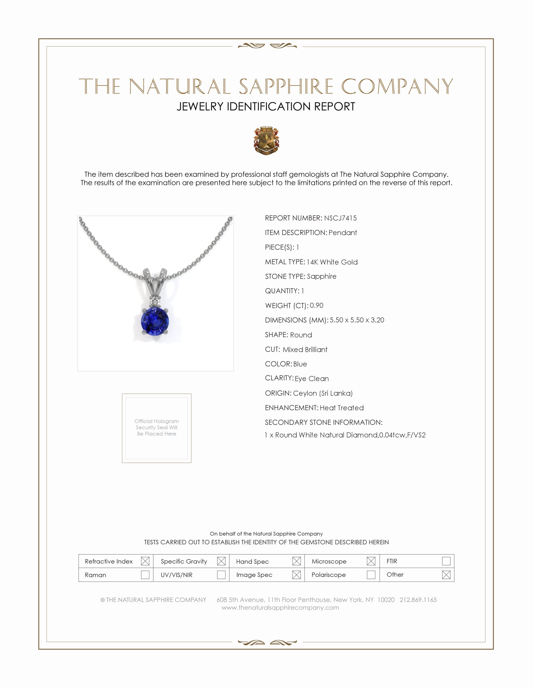 0.90 Ct. Blue Sapphire and Natural Diamond Solitaire Pendant, 14K White Gold