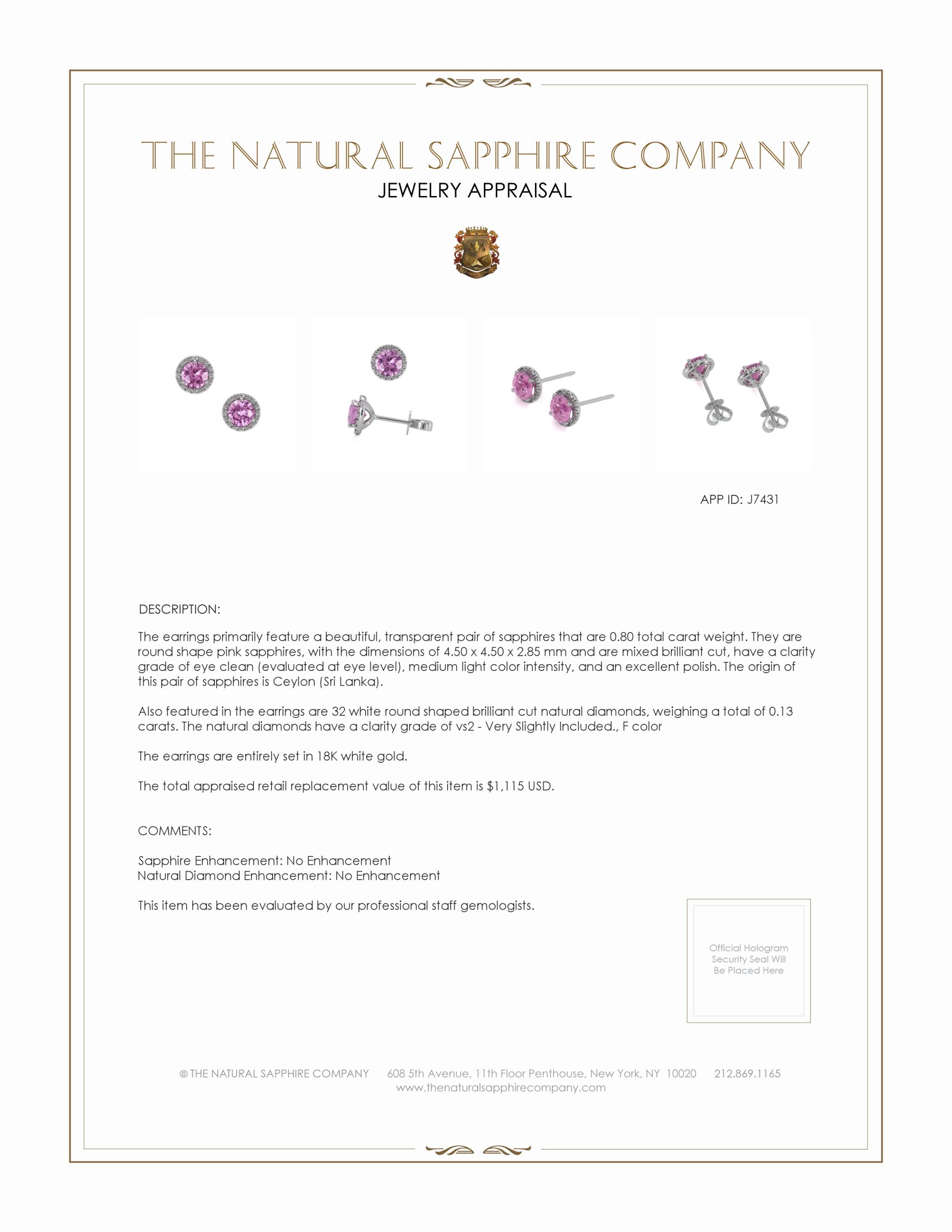 0.80 Ct.Tw. Pink Sapphire and Natural Diamond Pave Earrings, 18K White Gold