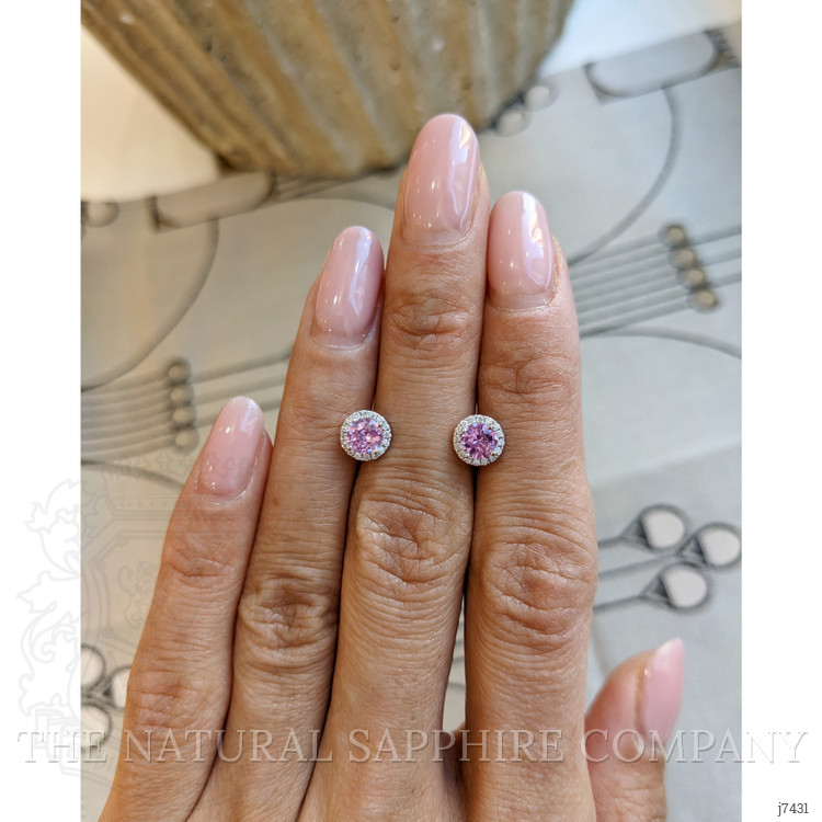 0.80 Ct.Tw. Pink Sapphire and Natural Diamond Pave Earrings, 18K White Gold