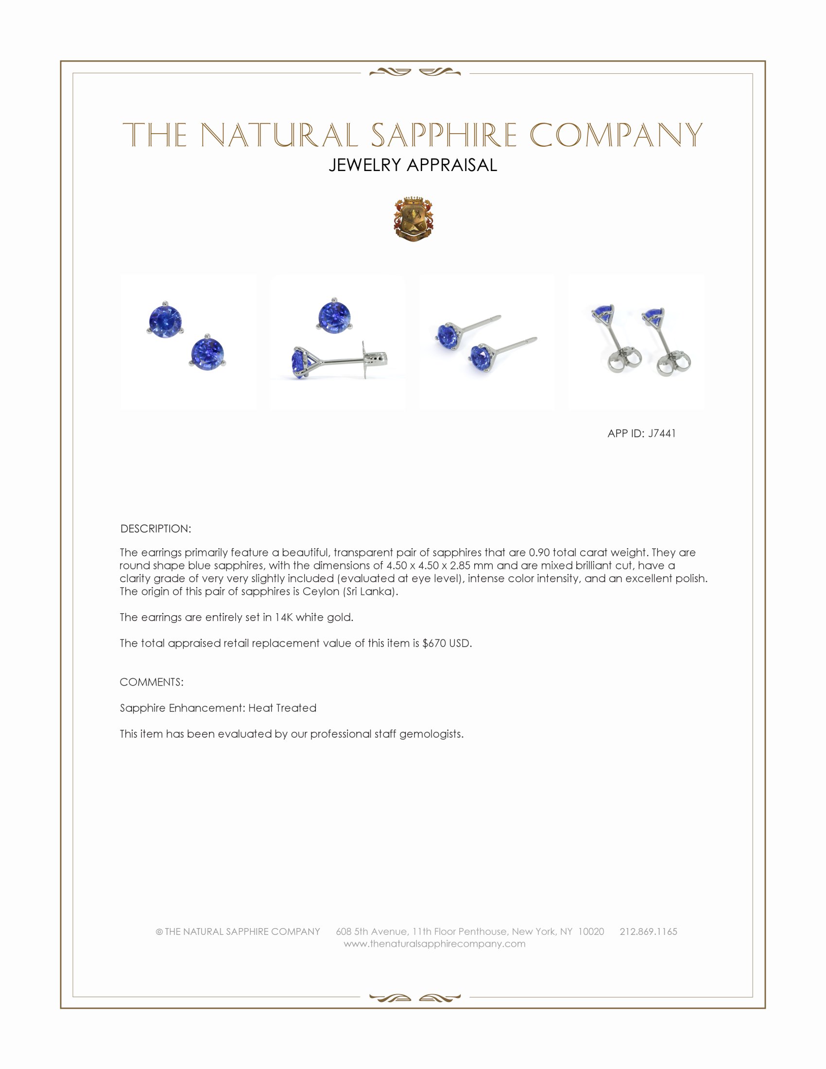 0.90 Ct.Tw. Blue Sapphire Studs Earrings, 14K White Gold