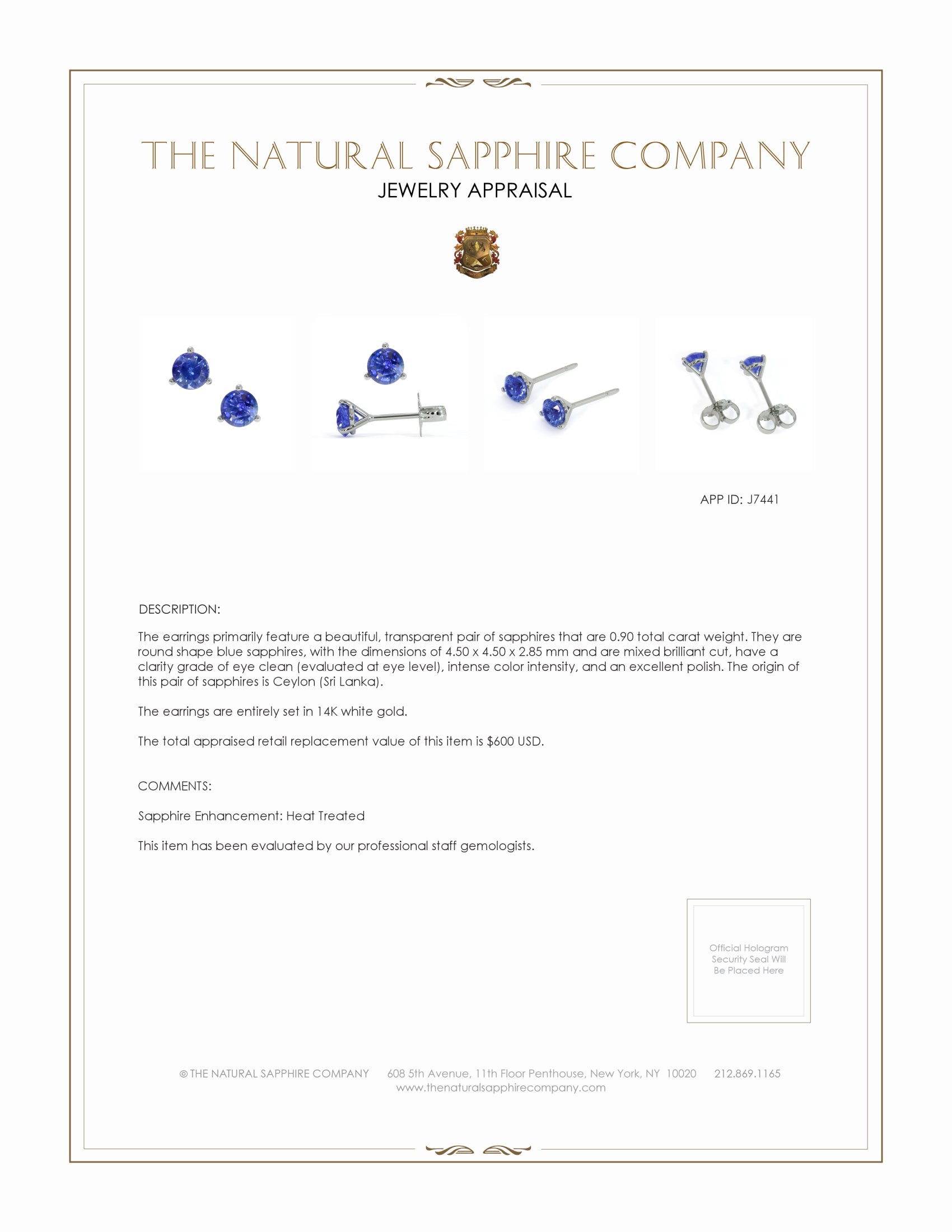 0.90 Ct.Tw. Blue Sapphire Studs Earrings, 14K White Gold