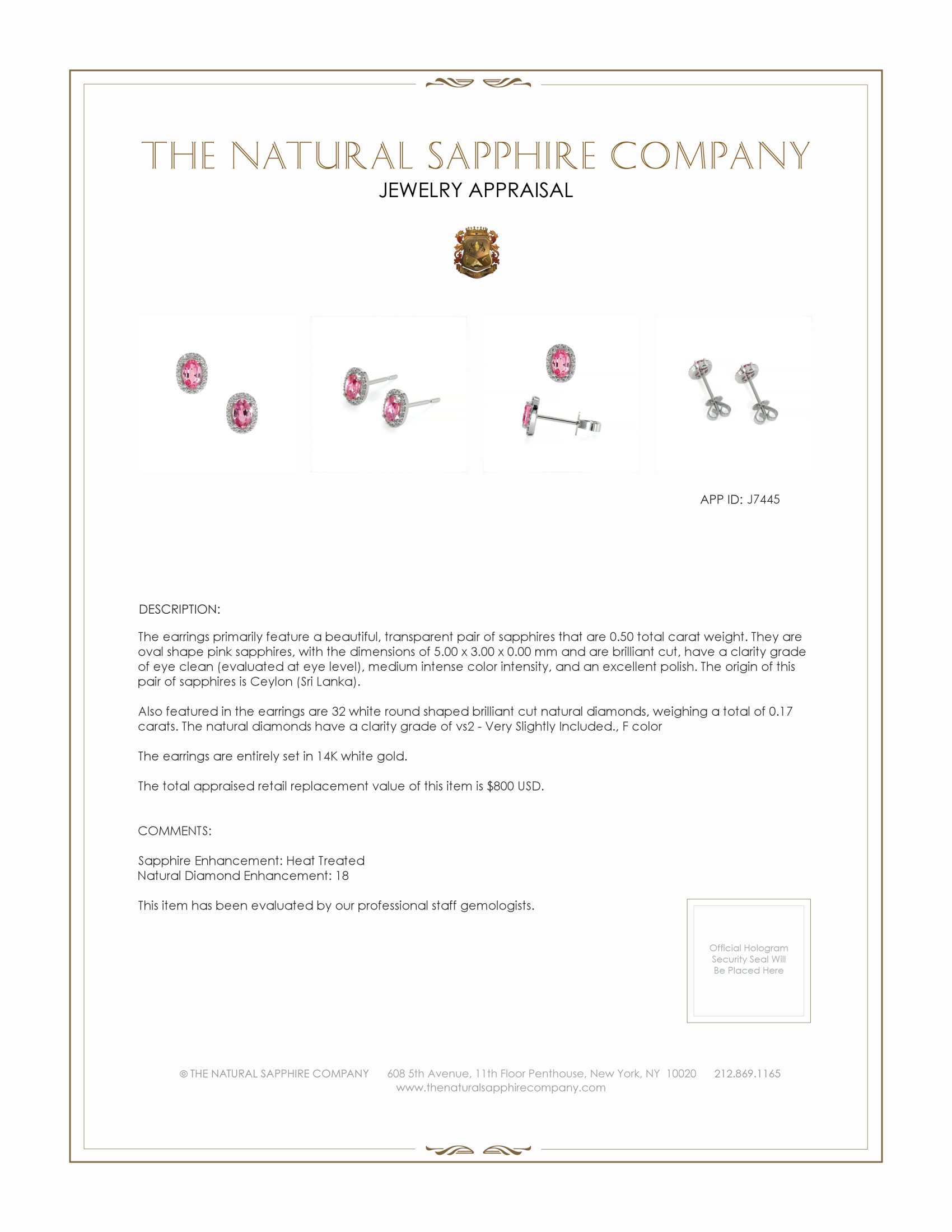 0.50 Ct.Tw. Pink Sapphire and Natural Diamond Pave Earrings, 14K White Gold