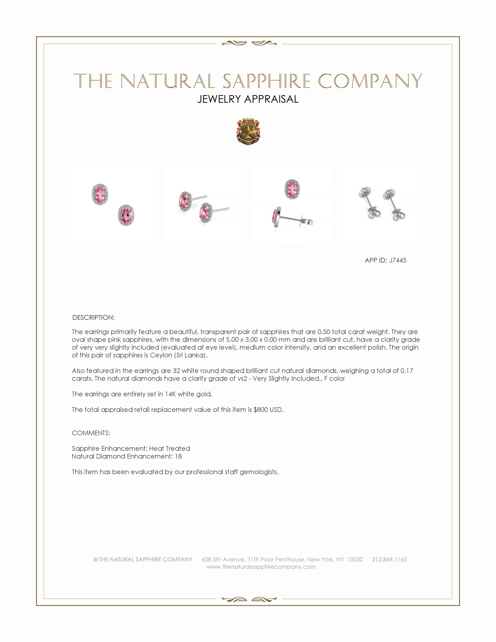 0.50 Ct.Tw. Pink Sapphire and Natural Diamond Studs Earrings, 14K White Gold