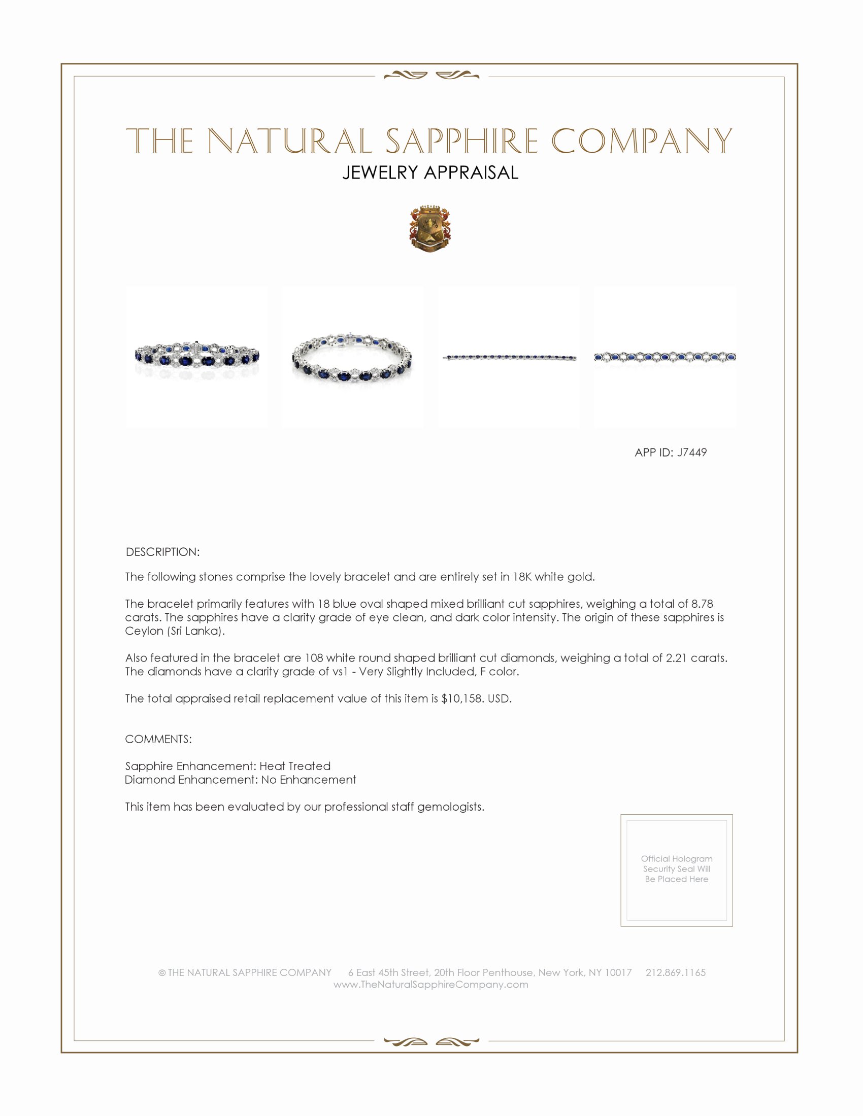 8.78 Ct.Tw. Blue Sapphire and Natural Diamond Tennis/Line Bracelet, 18K White Gold