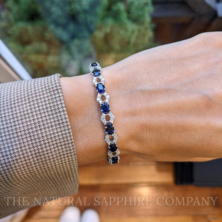 8.78 Ct.Tw. Blue Sapphire and Natural Diamond Tennis/Line Bracelet, 18K White Gold