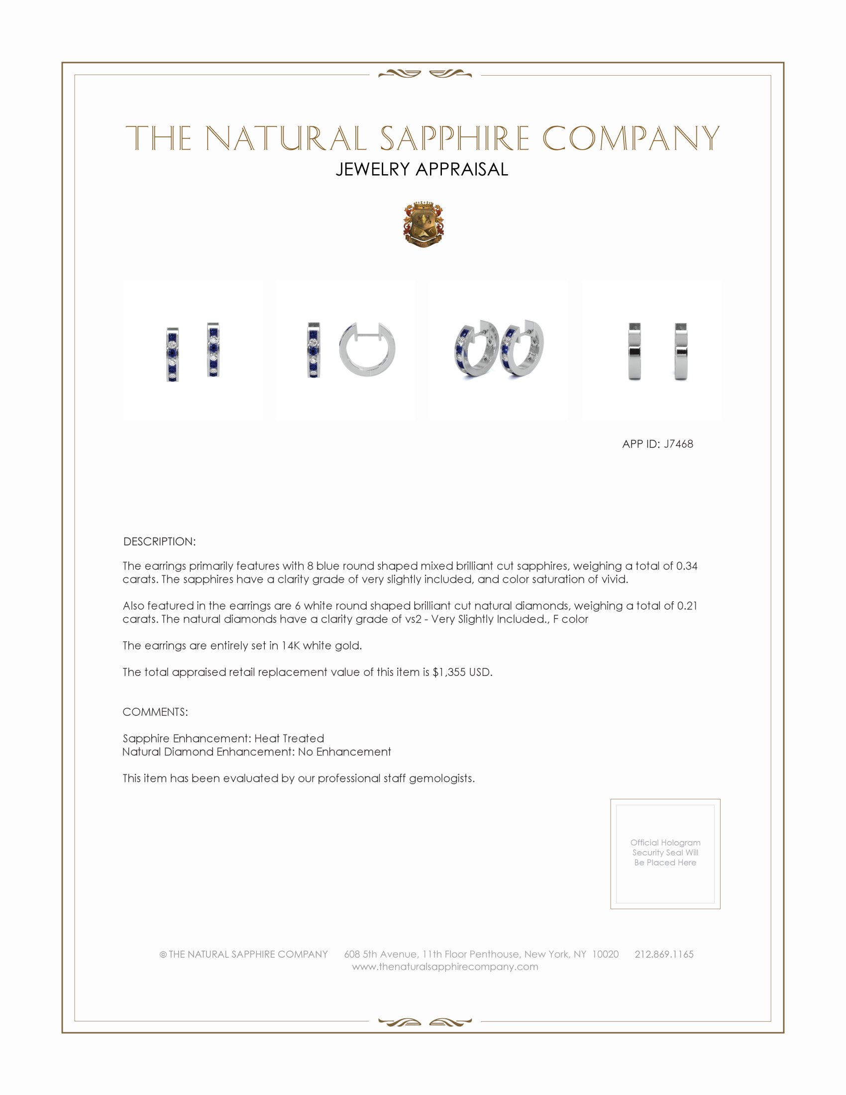 0.34 Ct.Tw. Blue Sapphire and Natural Diamond Hoops Earrings, 14K White Gold